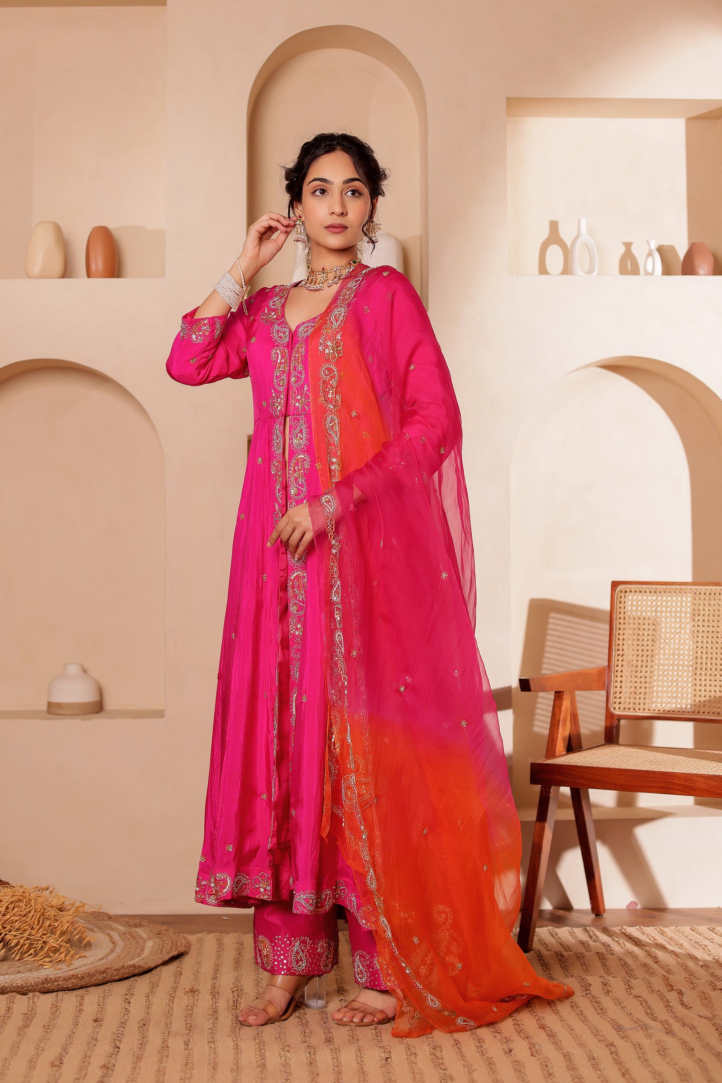 FUCHSIA SILK HANDEMBROIDERED ANARKALI SET