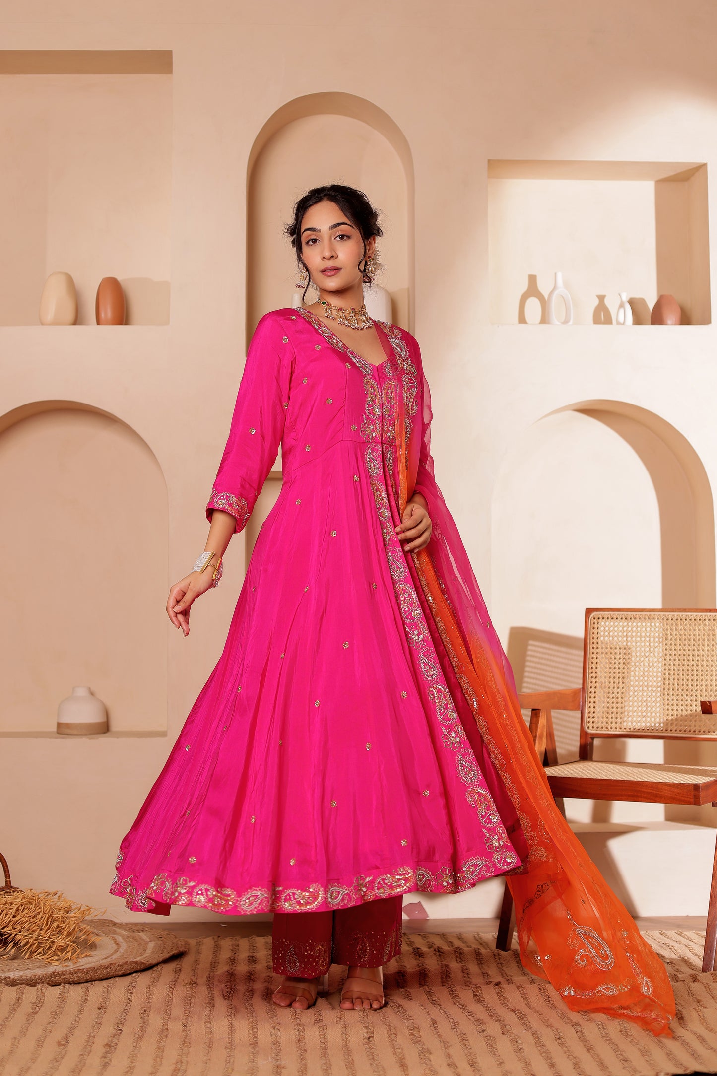 FUCHSIA SILK HANDEMBROIDERED ANARKALI SET
