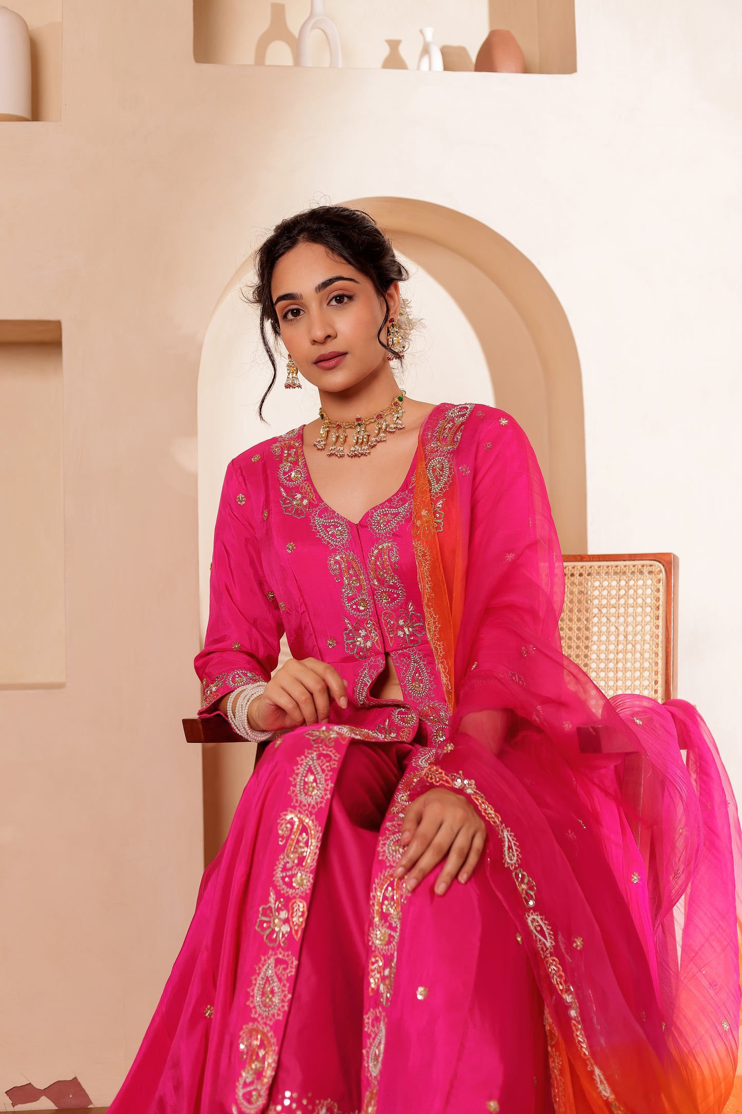 FUCHSIA SILK HANDEMBROIDERED ANARKALI SET