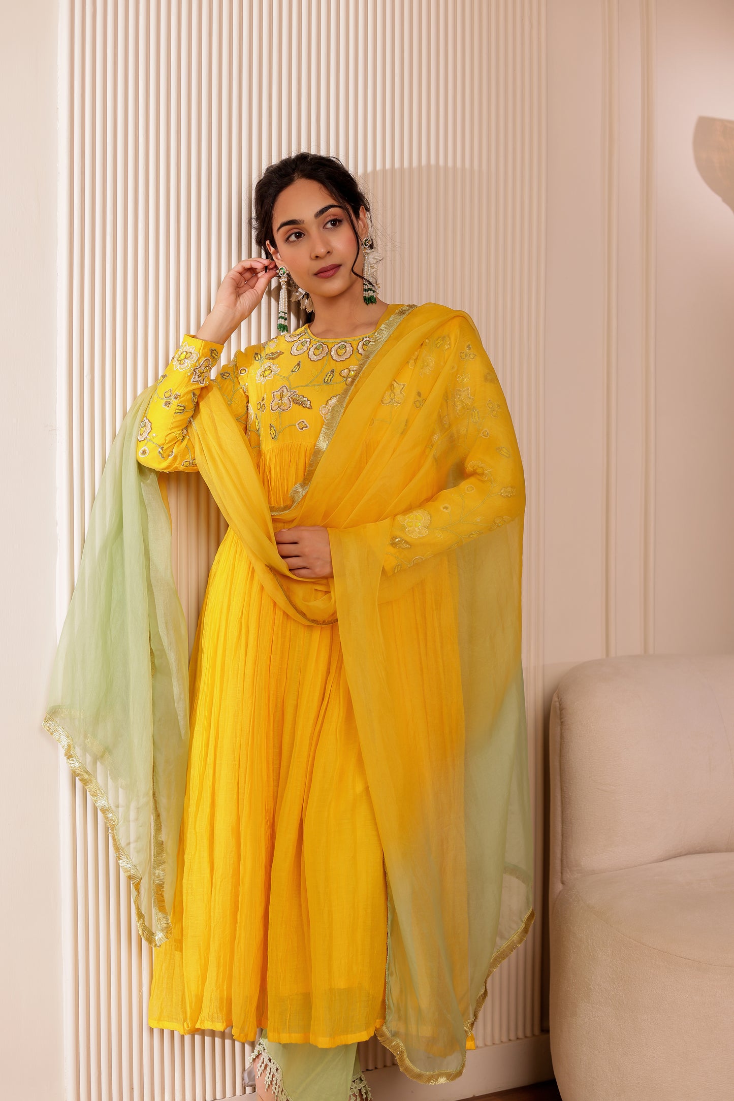 BRIGHT YELLOW HANDEMBROIDERED ANARKALI SET