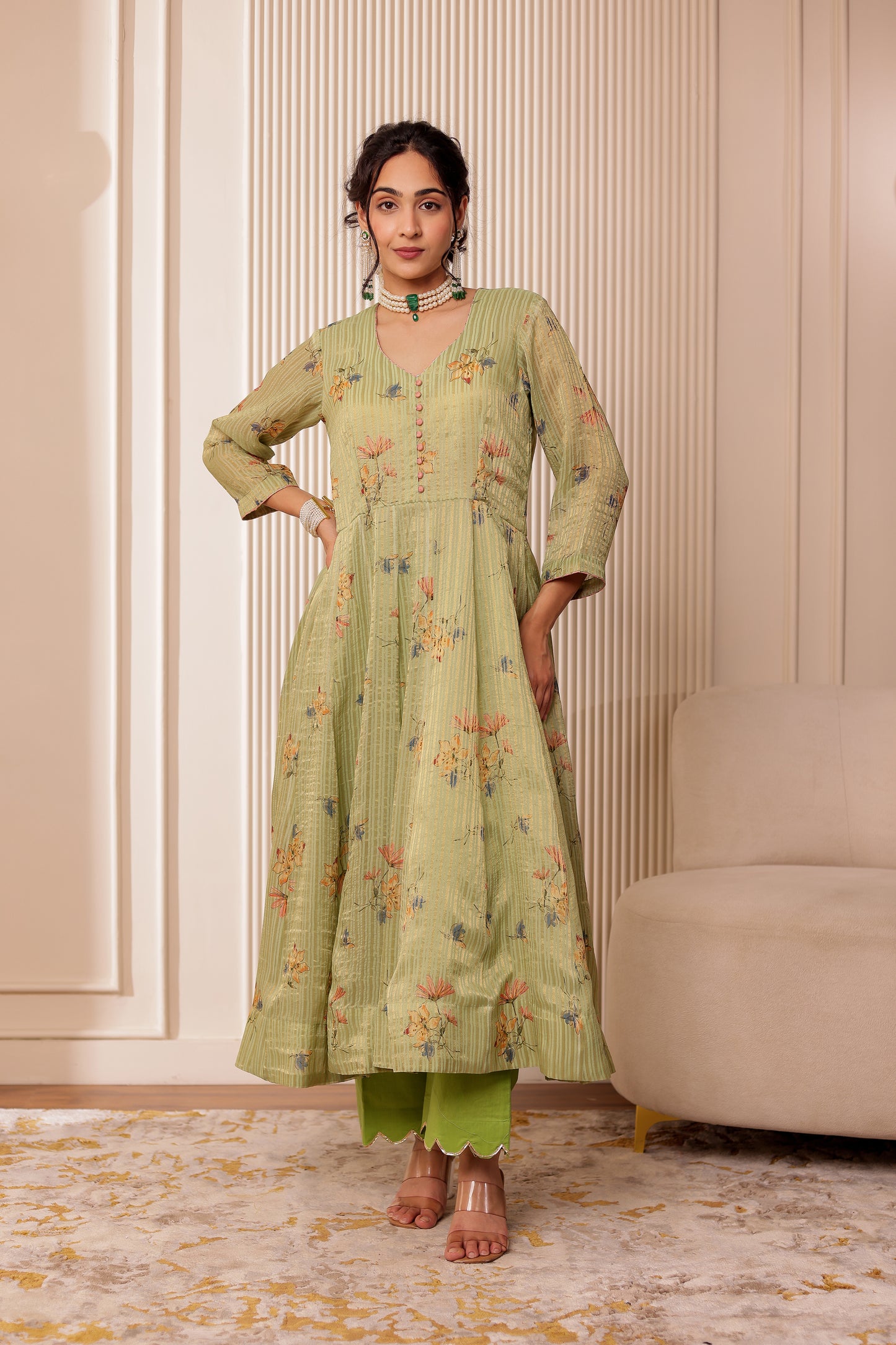 GREEN ZARI STRIPES CHANDERI SILK ANARKALI SET