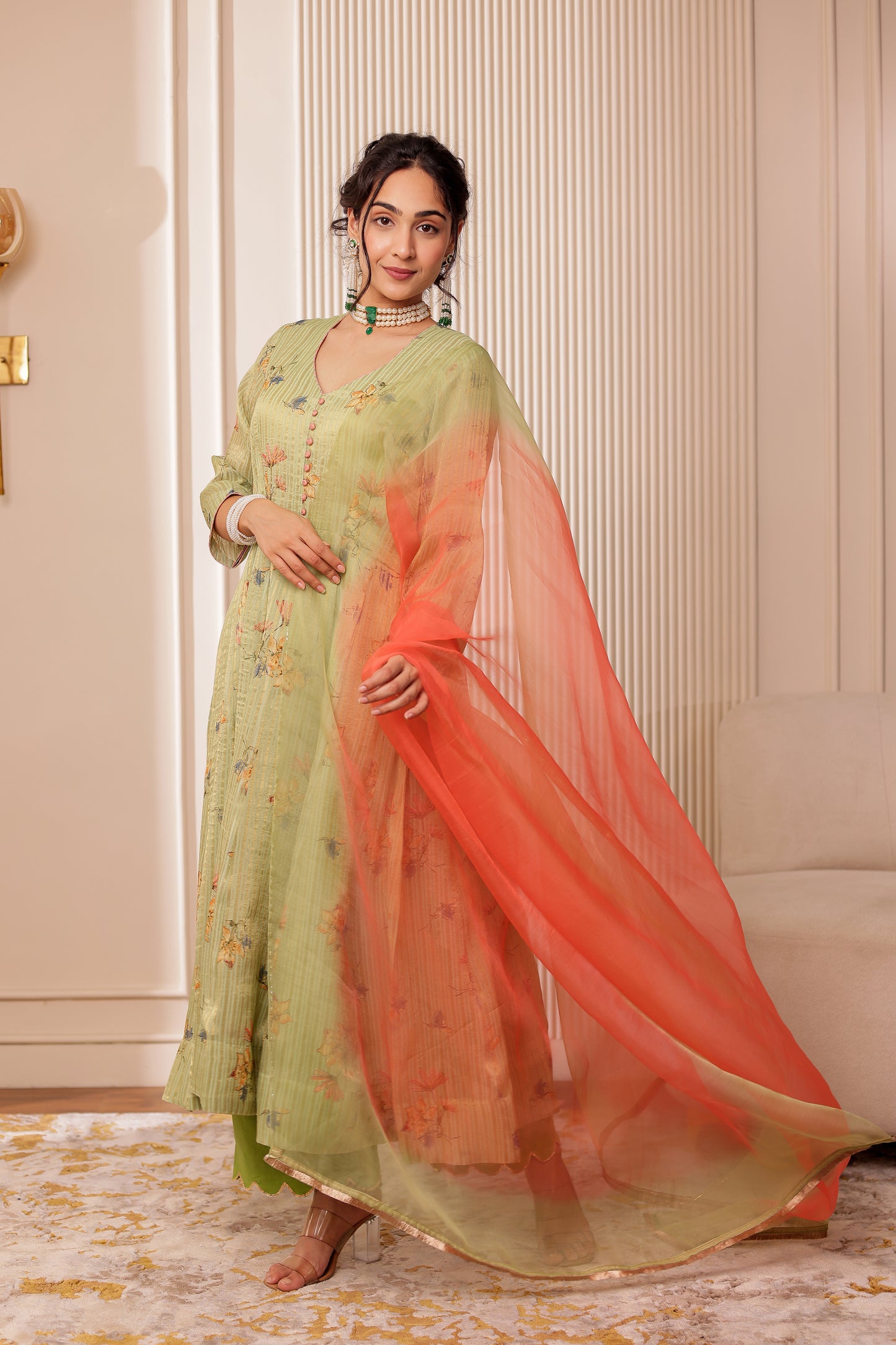 GREEN ZARI STRIPES CHANDERI SILK ANARKALI SET