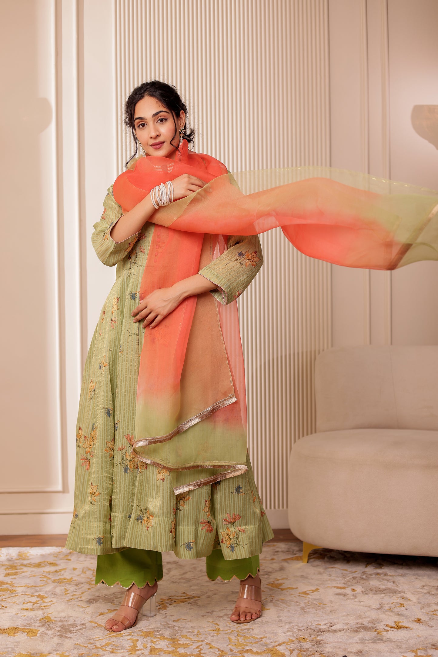 GREEN ZARI STRIPES CHANDERI SILK ANARKALI SET