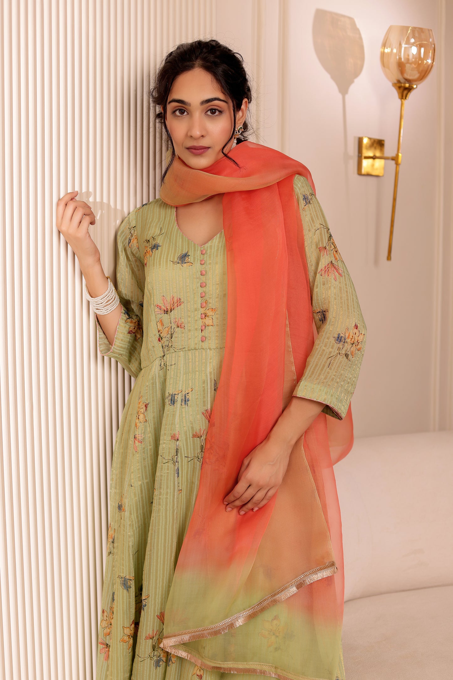 GREEN ZARI STRIPES CHANDERI SILK ANARKALI SET