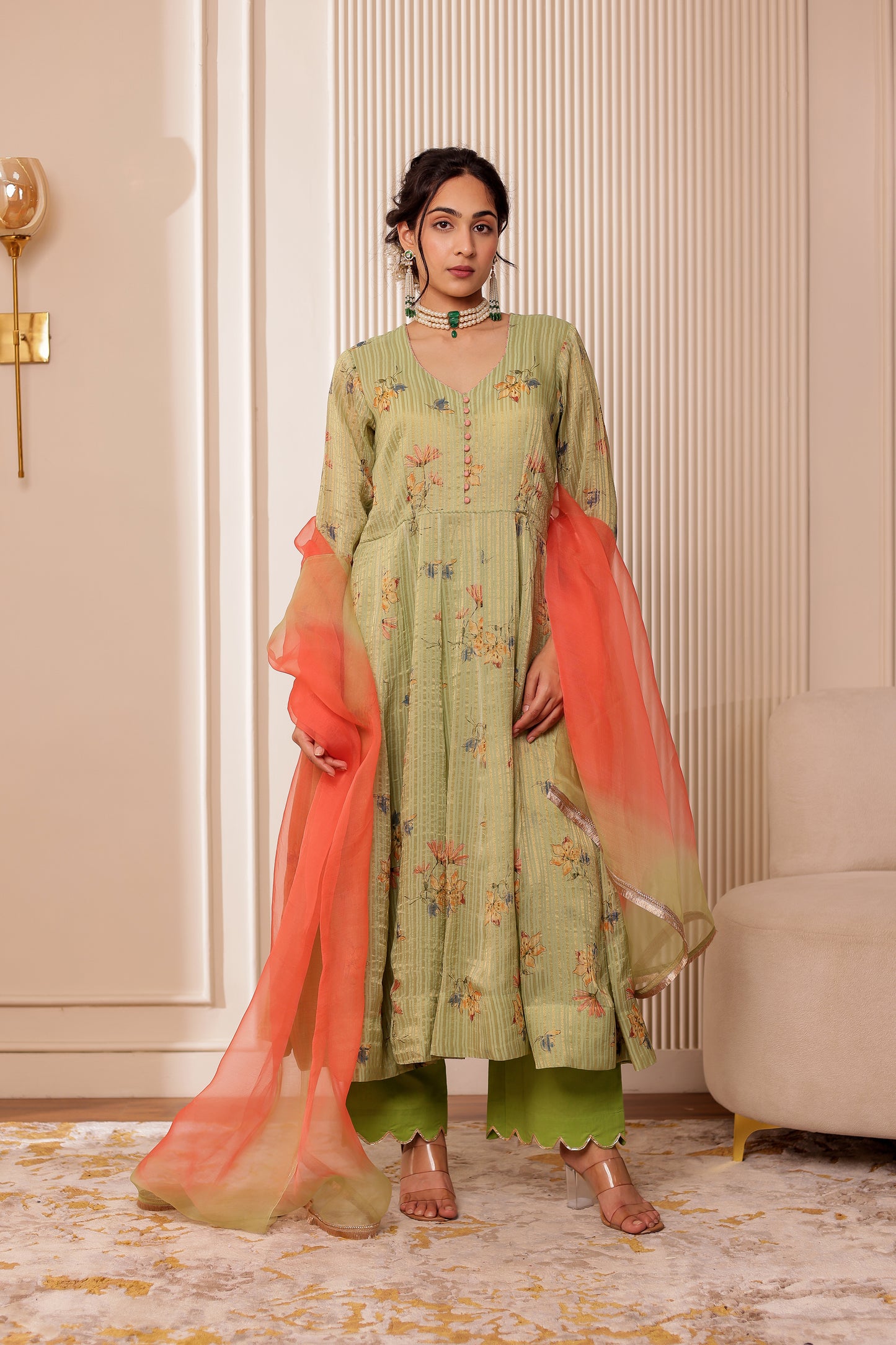 GREEN ZARI STRIPES CHANDERI SILK ANARKALI SET