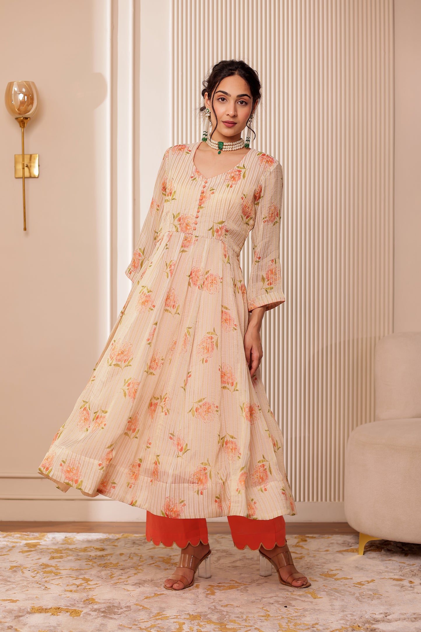 BIEGE CHANDERI SILK ZARI STRIPES ANARKALI SET