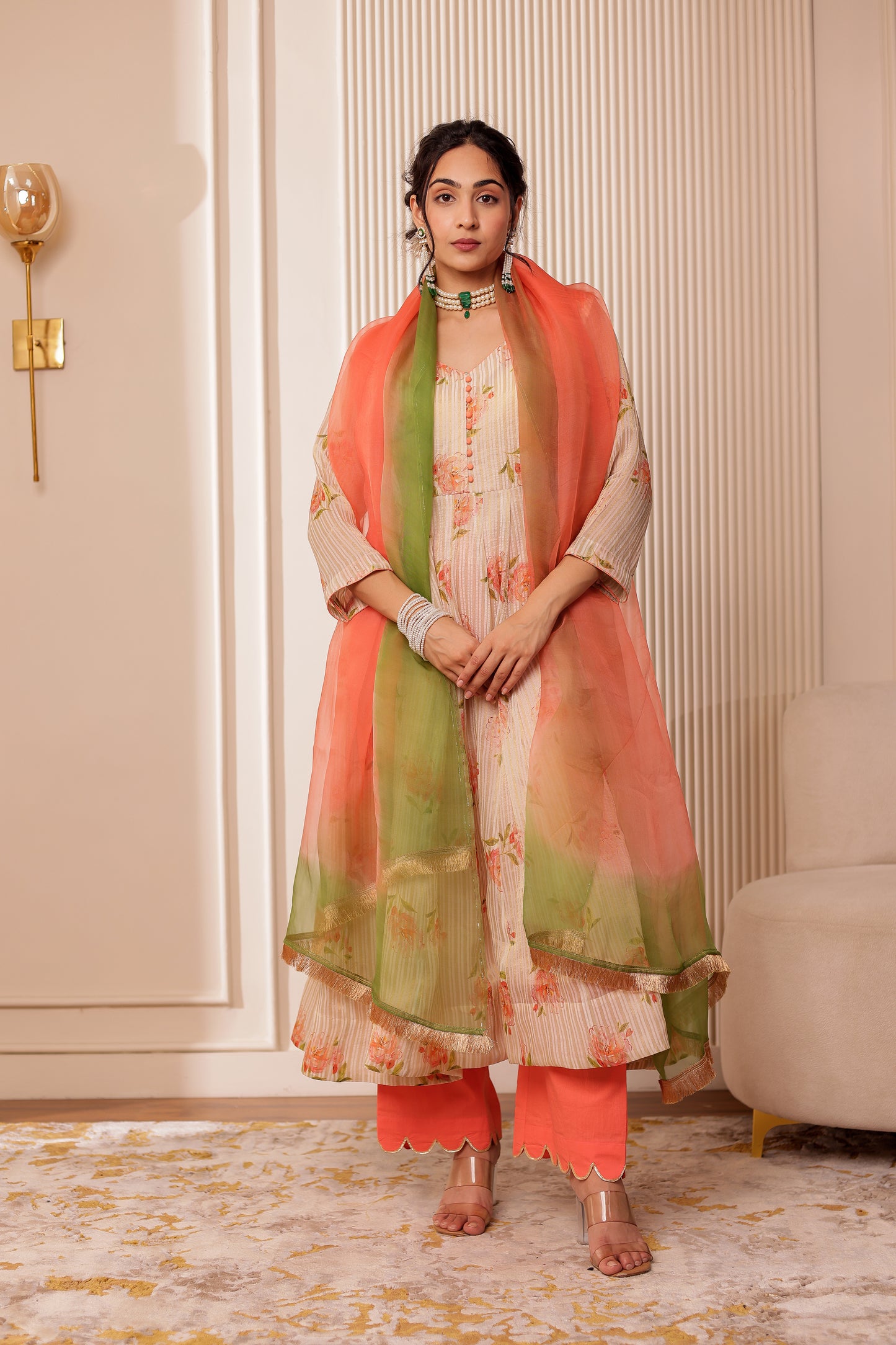 BIEGE CHANDERI SILK ZARI STRIPES ANARKALI SET