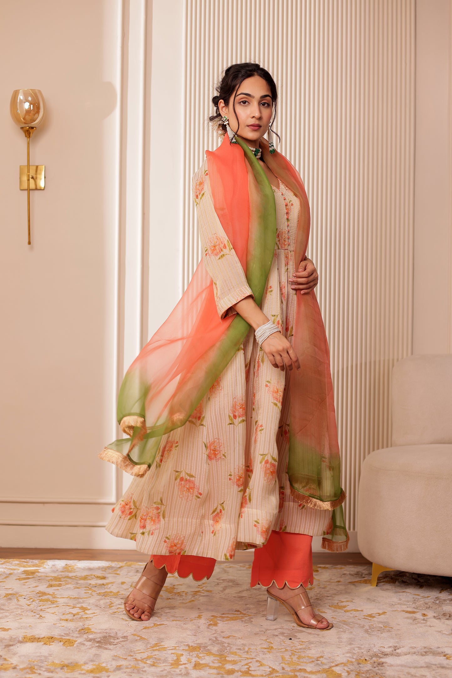 BIEGE CHANDERI SILK ZARI STRIPES ANARKALI SET