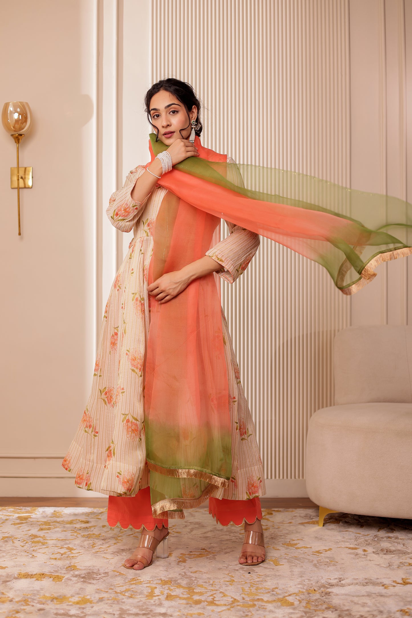 BIEGE CHANDERI SILK ZARI STRIPES ANARKALI SET