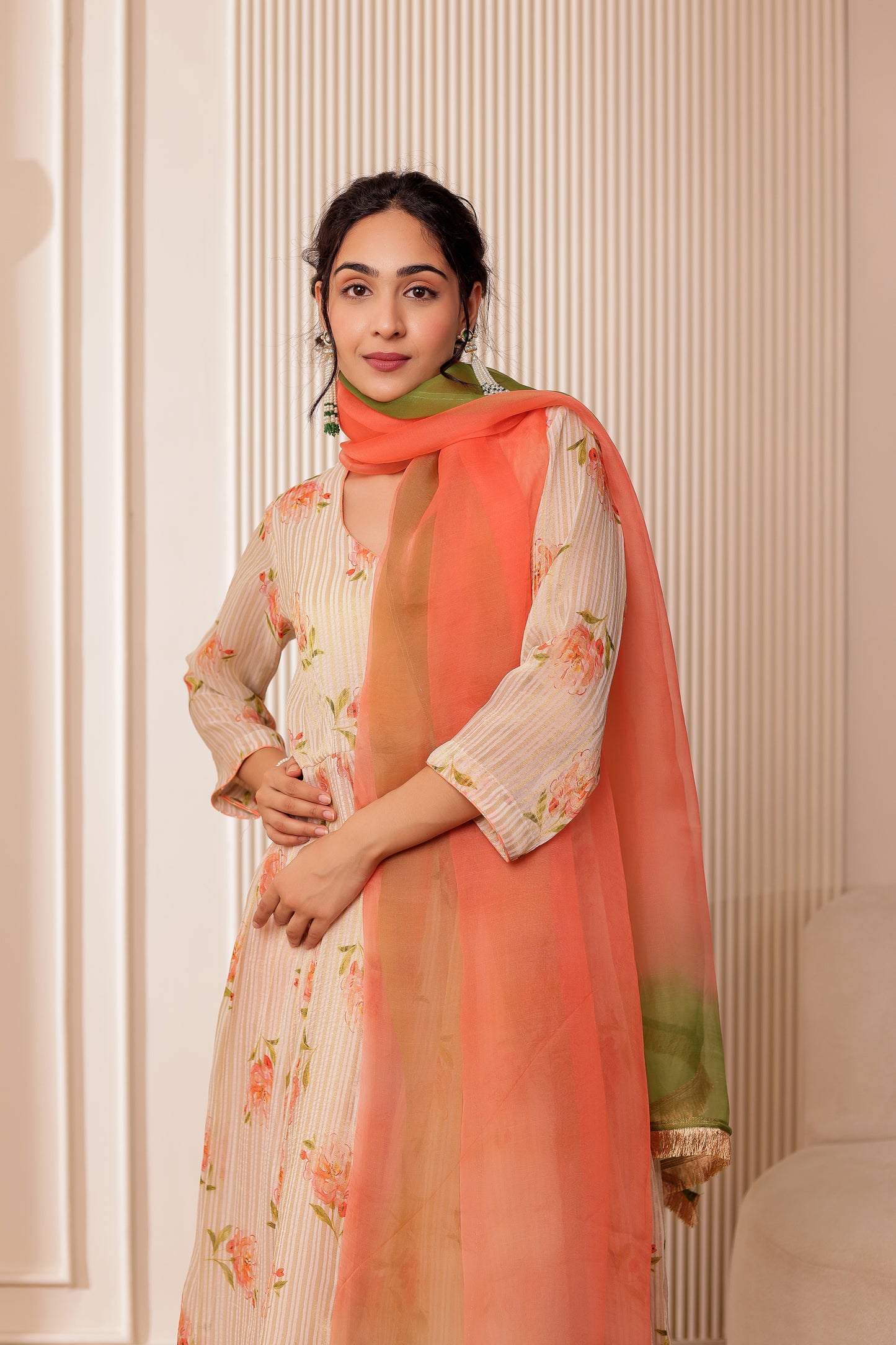 BIEGE CHANDERI SILK ZARI STRIPES ANARKALI SET