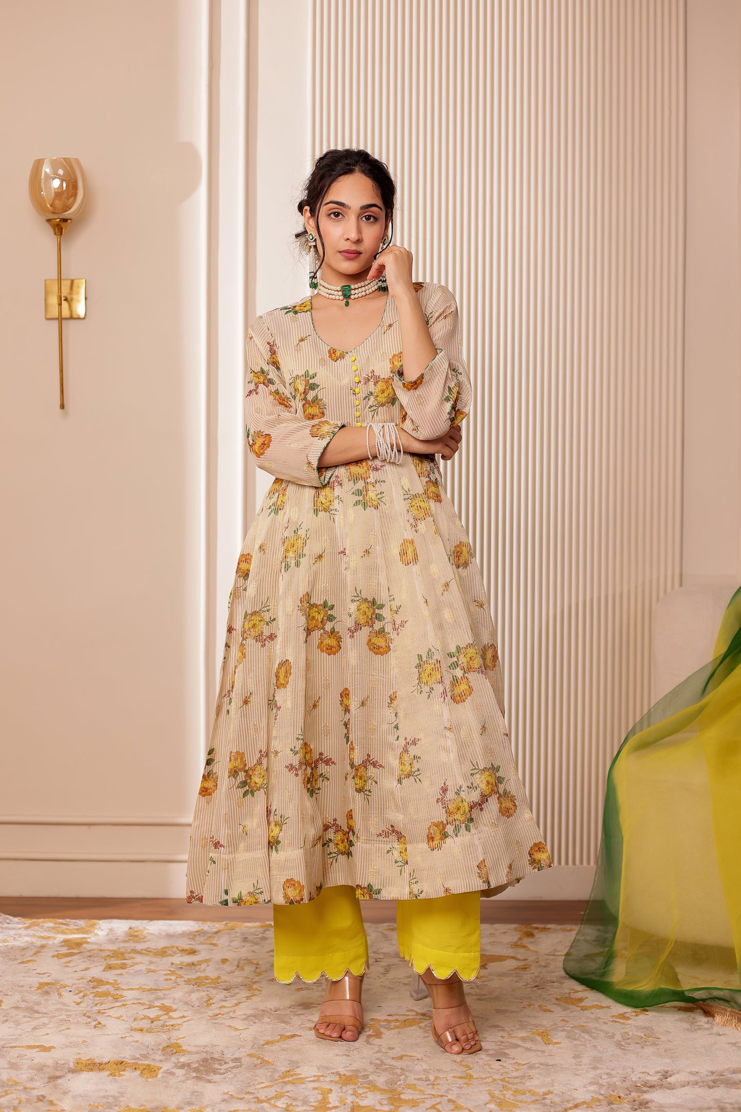 BEIGE PRINTED CHANDERI SILK ANARKALI SET