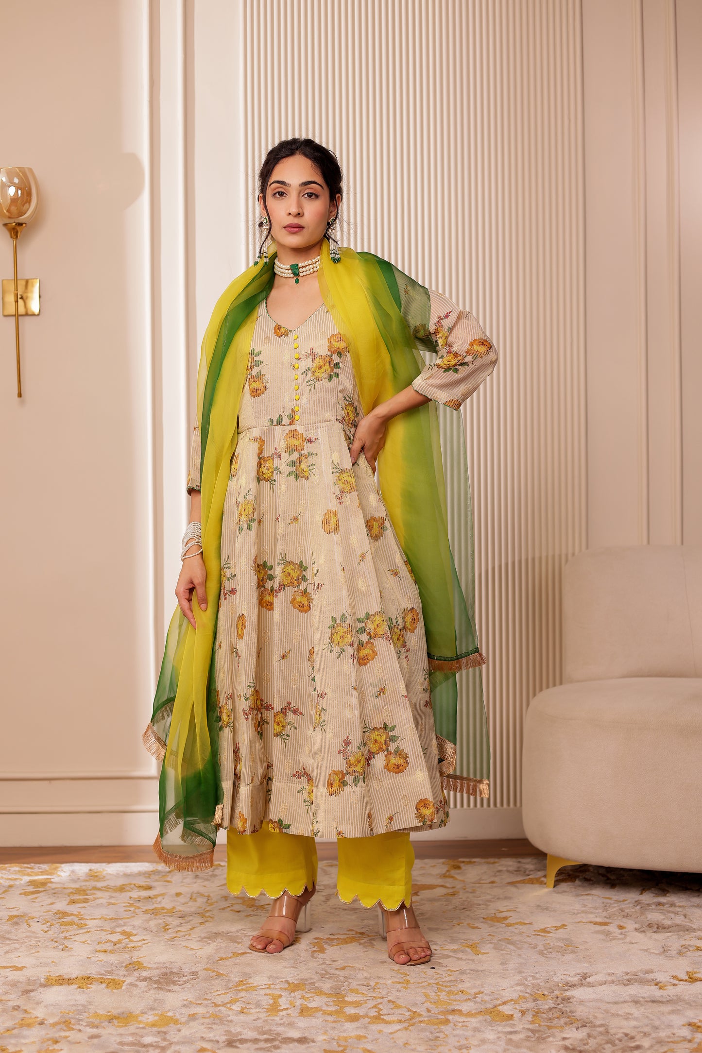 BEIGE PRINTED CHANDERI SILK ANARKALI SET