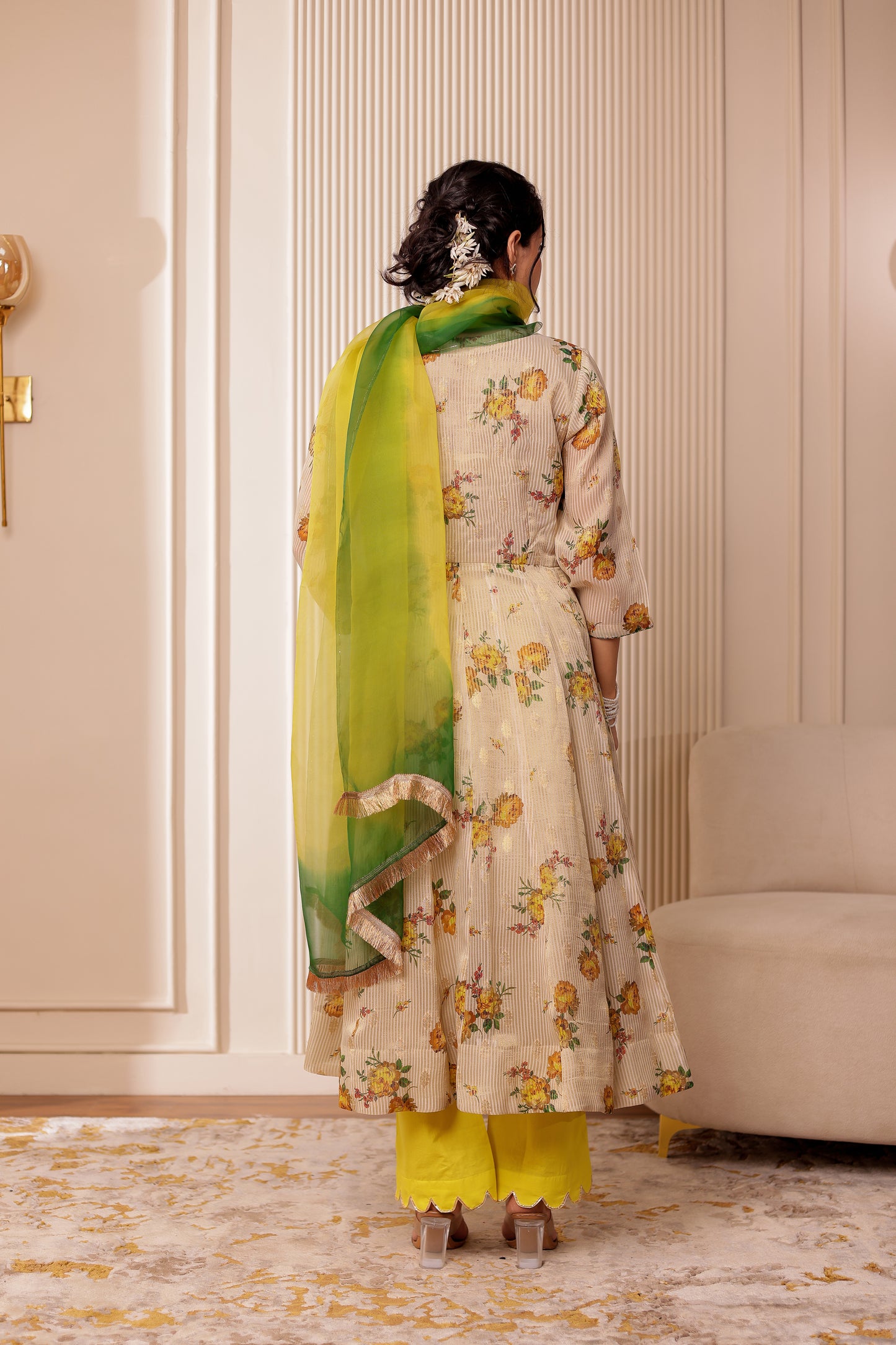 BEIGE PRINTED CHANDERI SILK ANARKALI SET
