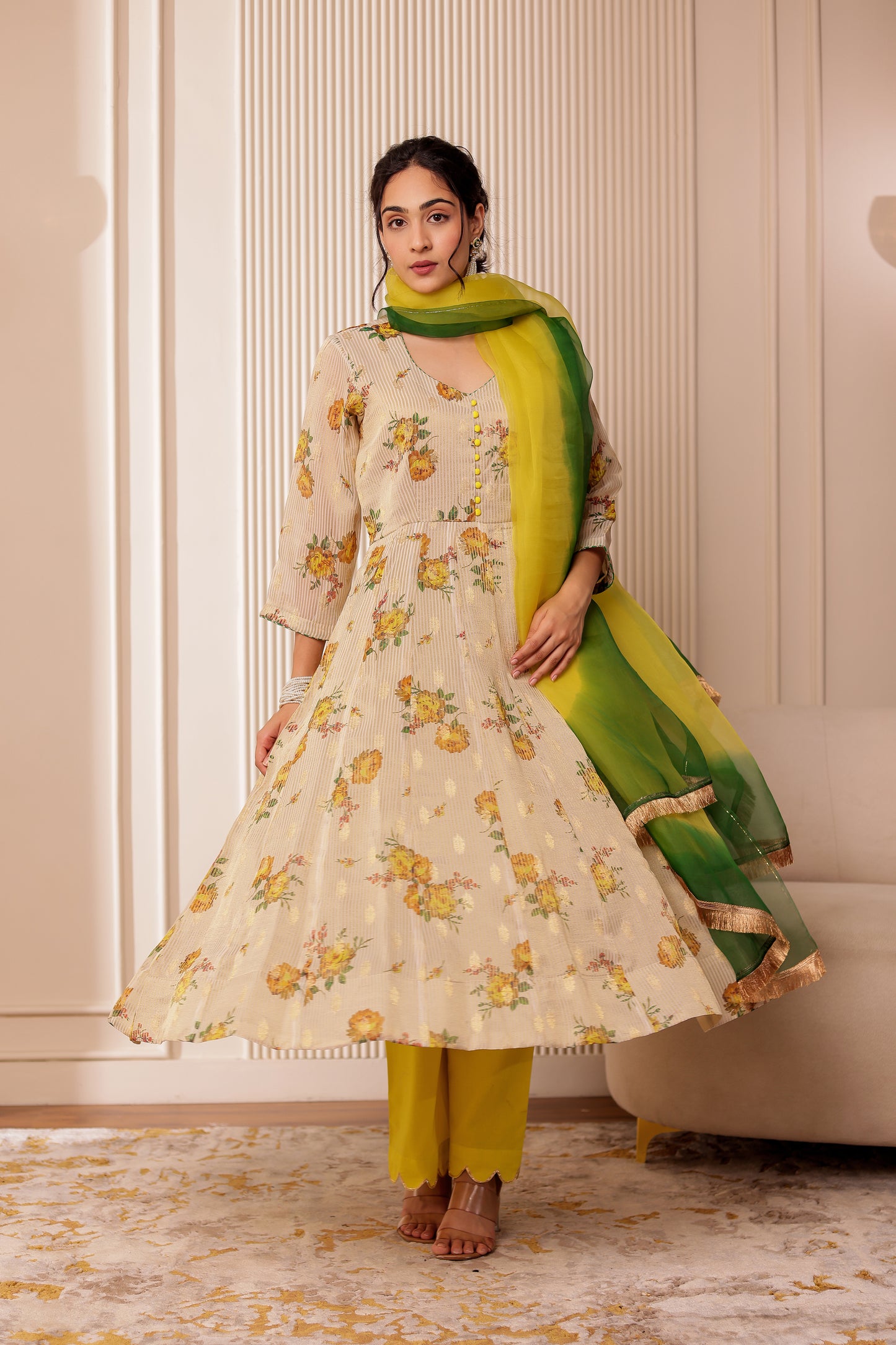 BEIGE PRINTED CHANDERI SILK ANARKALI SET