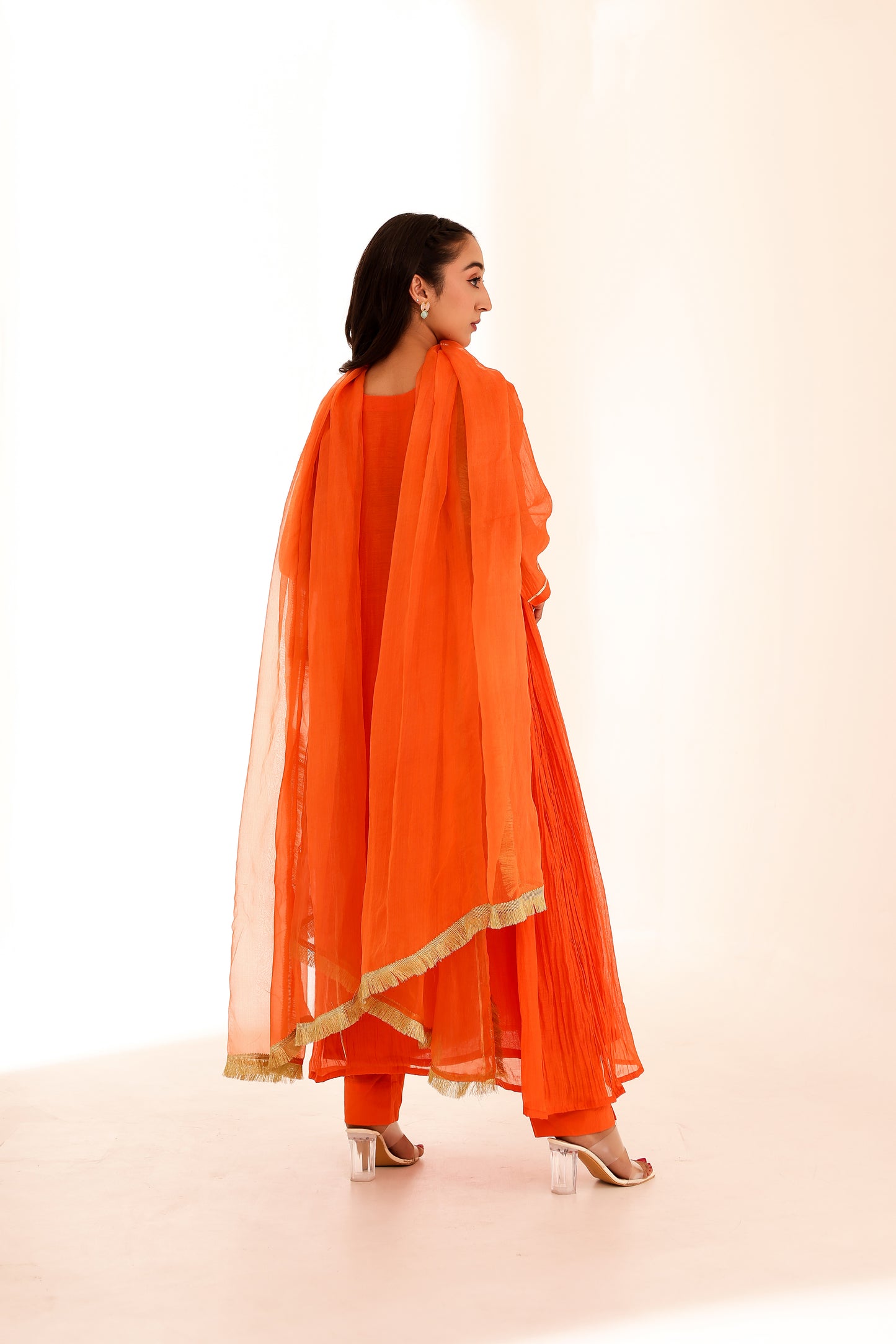 Orange Mul Chanderi Anarkali Set