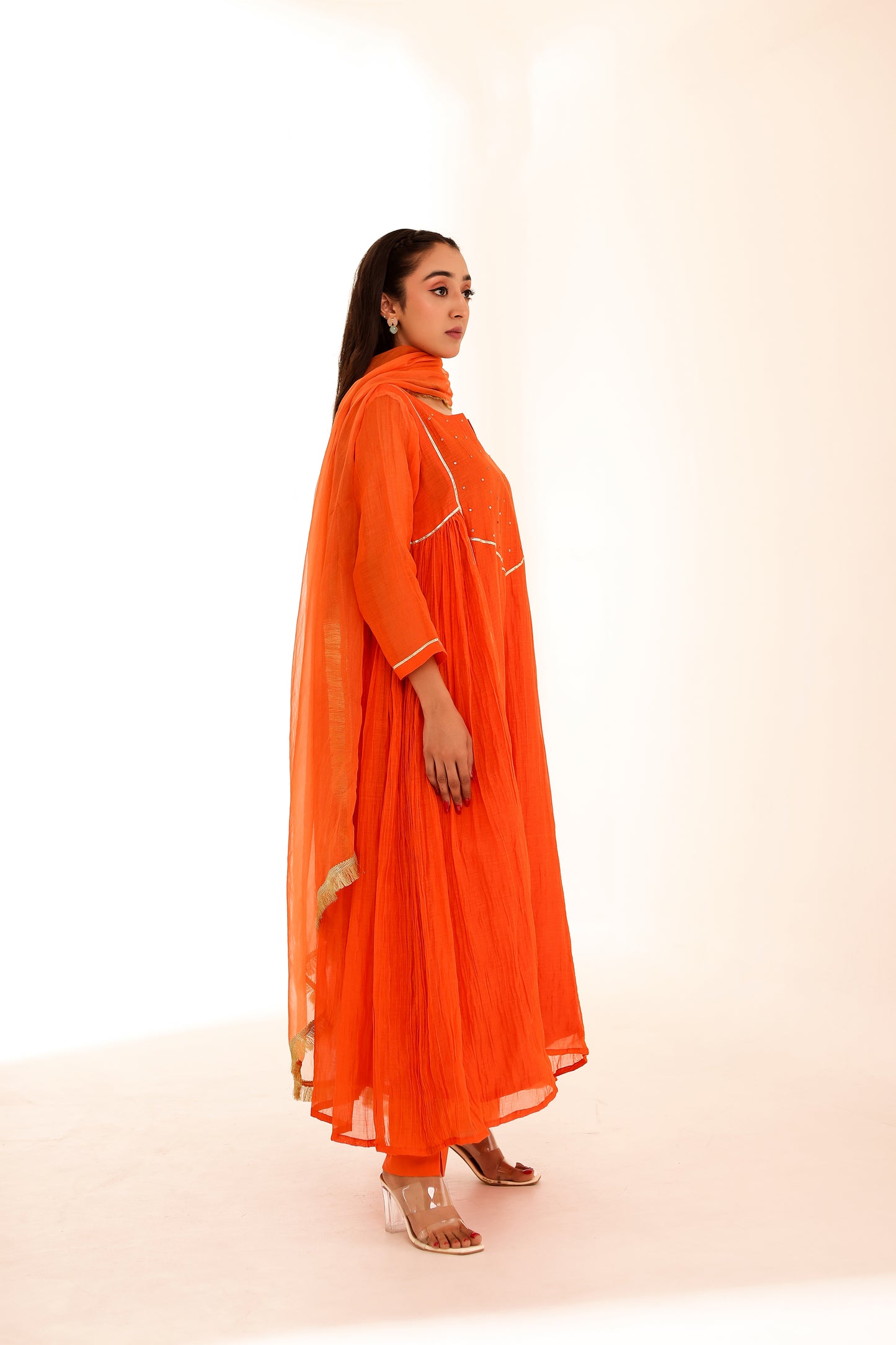 Orange Mul Chanderi Anarkali Set
