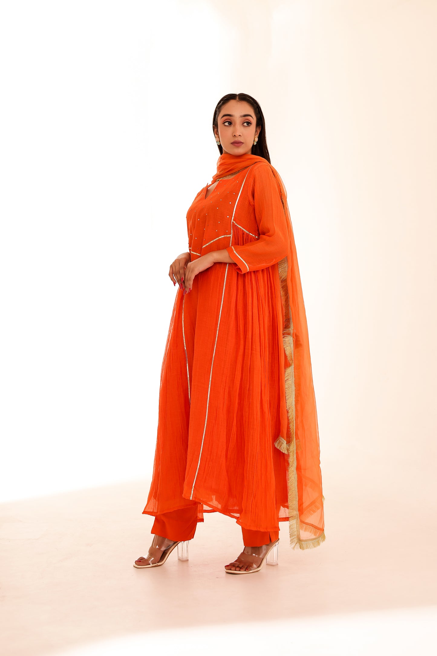 Orange Mul Chanderi Anarkali Set