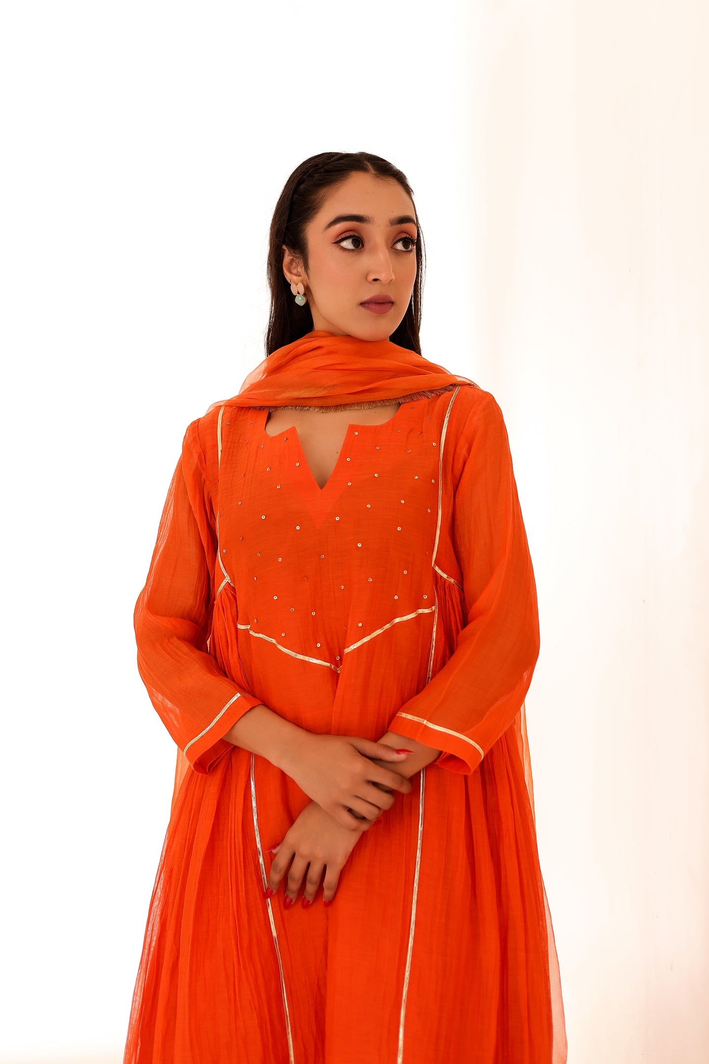Orange Mul Chanderi Anarkali Set