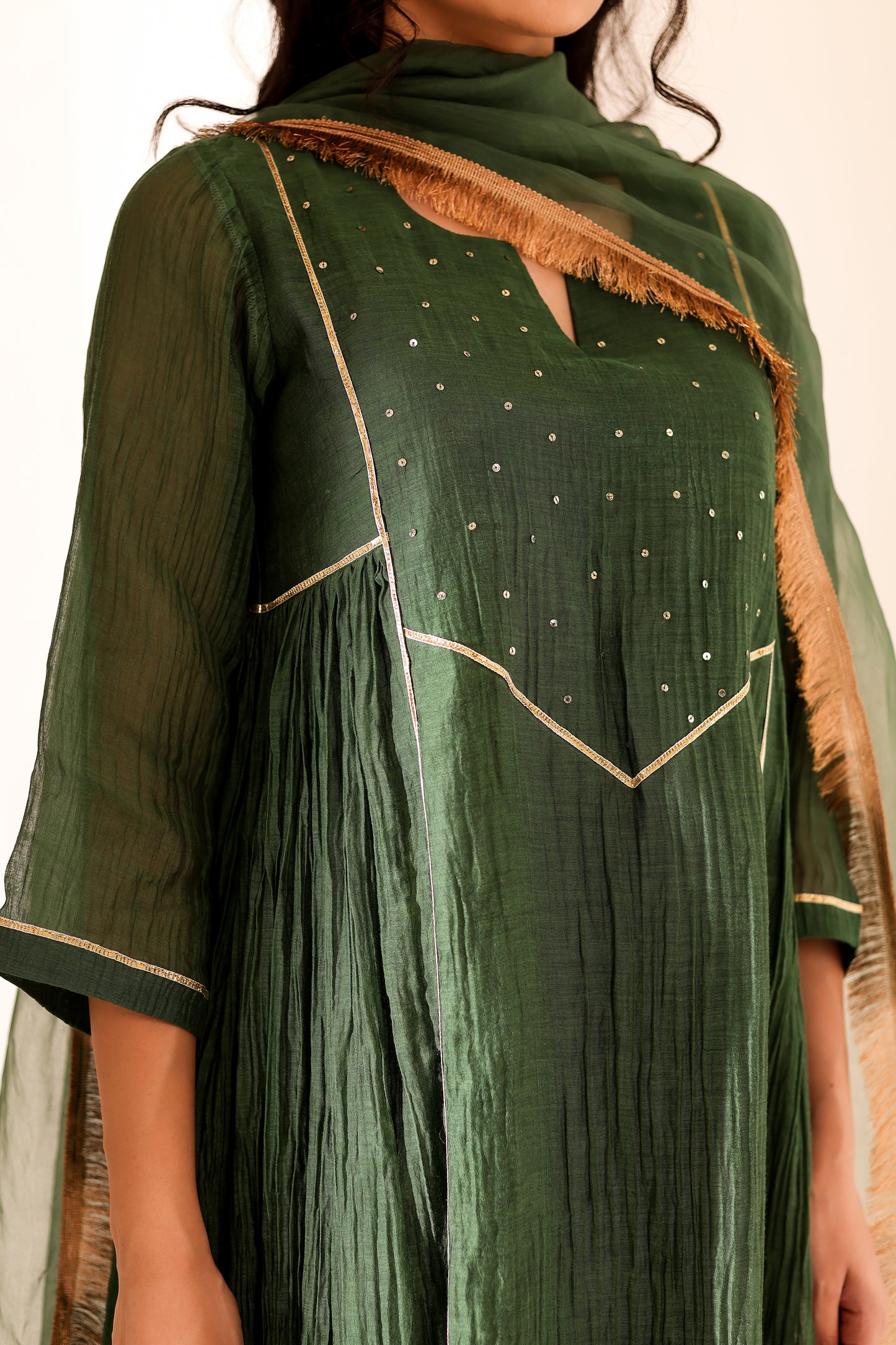 Green Mul Chanderi Anarkali Set