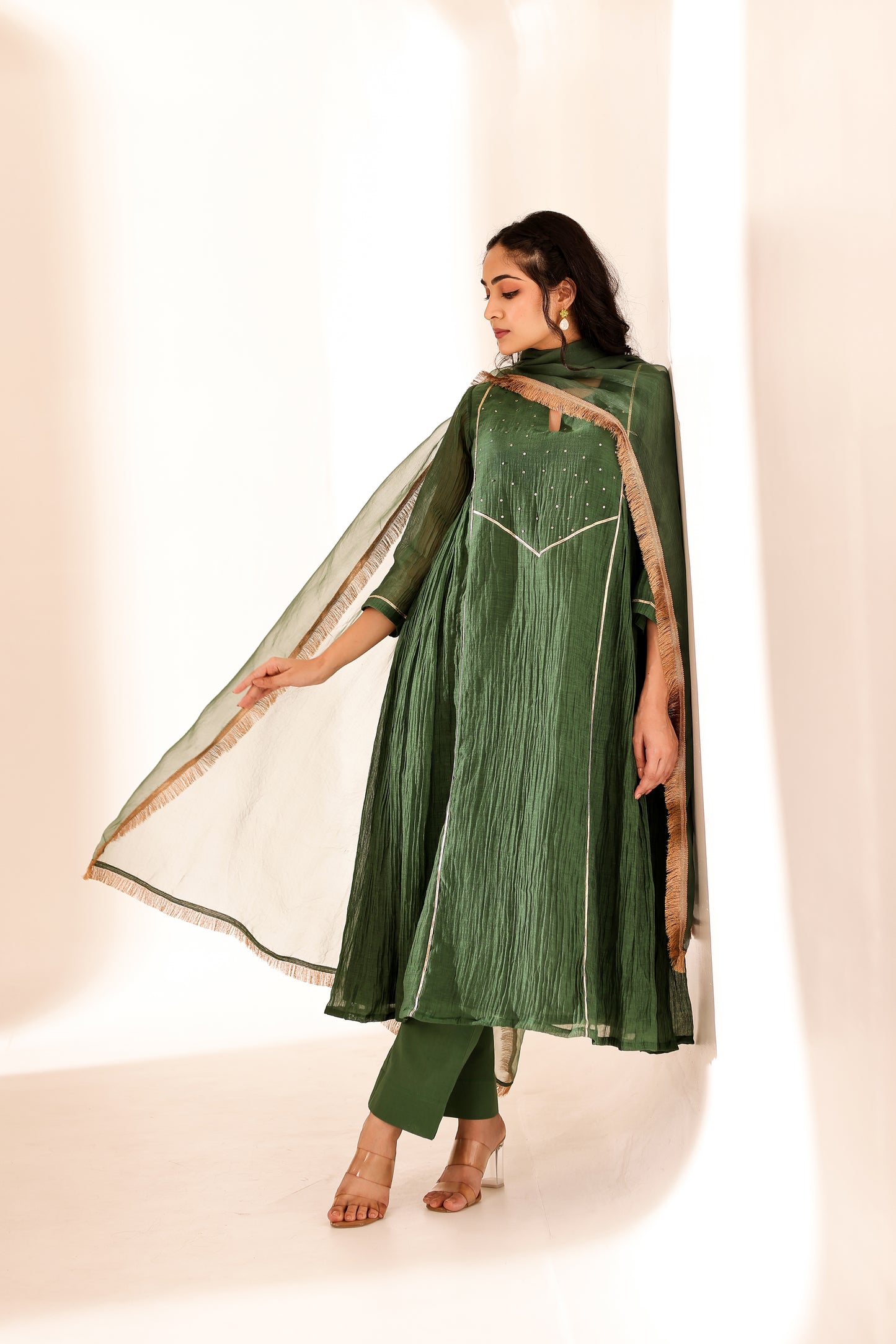 Green Mul Chanderi Anarkali Set