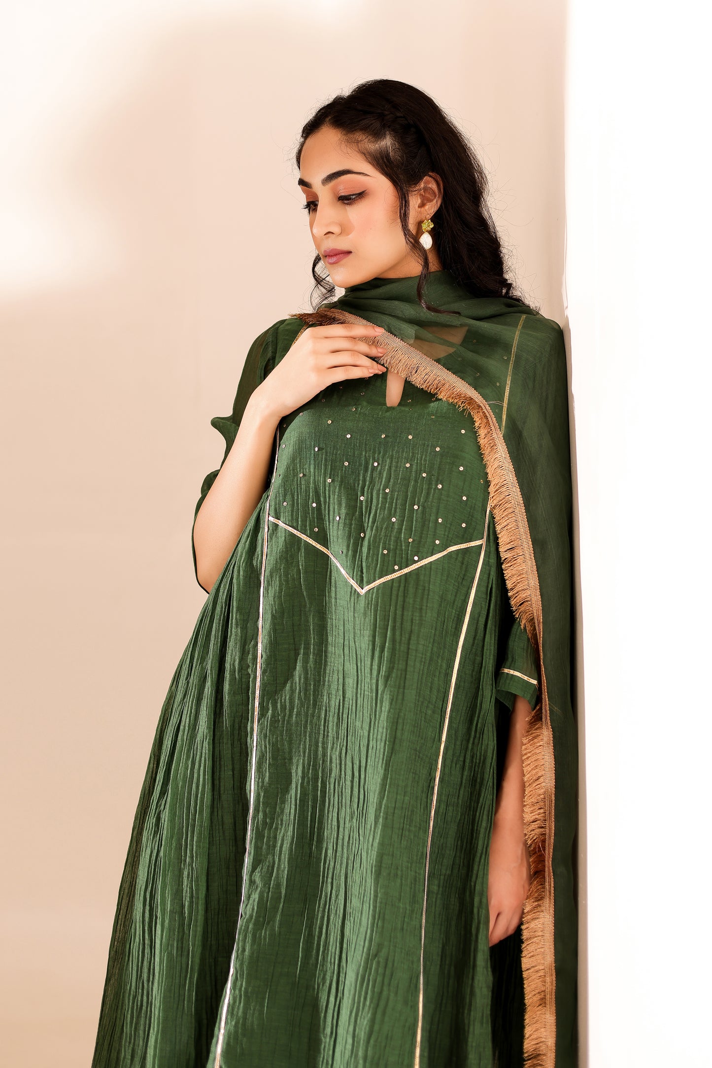 Green Mul Chanderi Anarkali Set