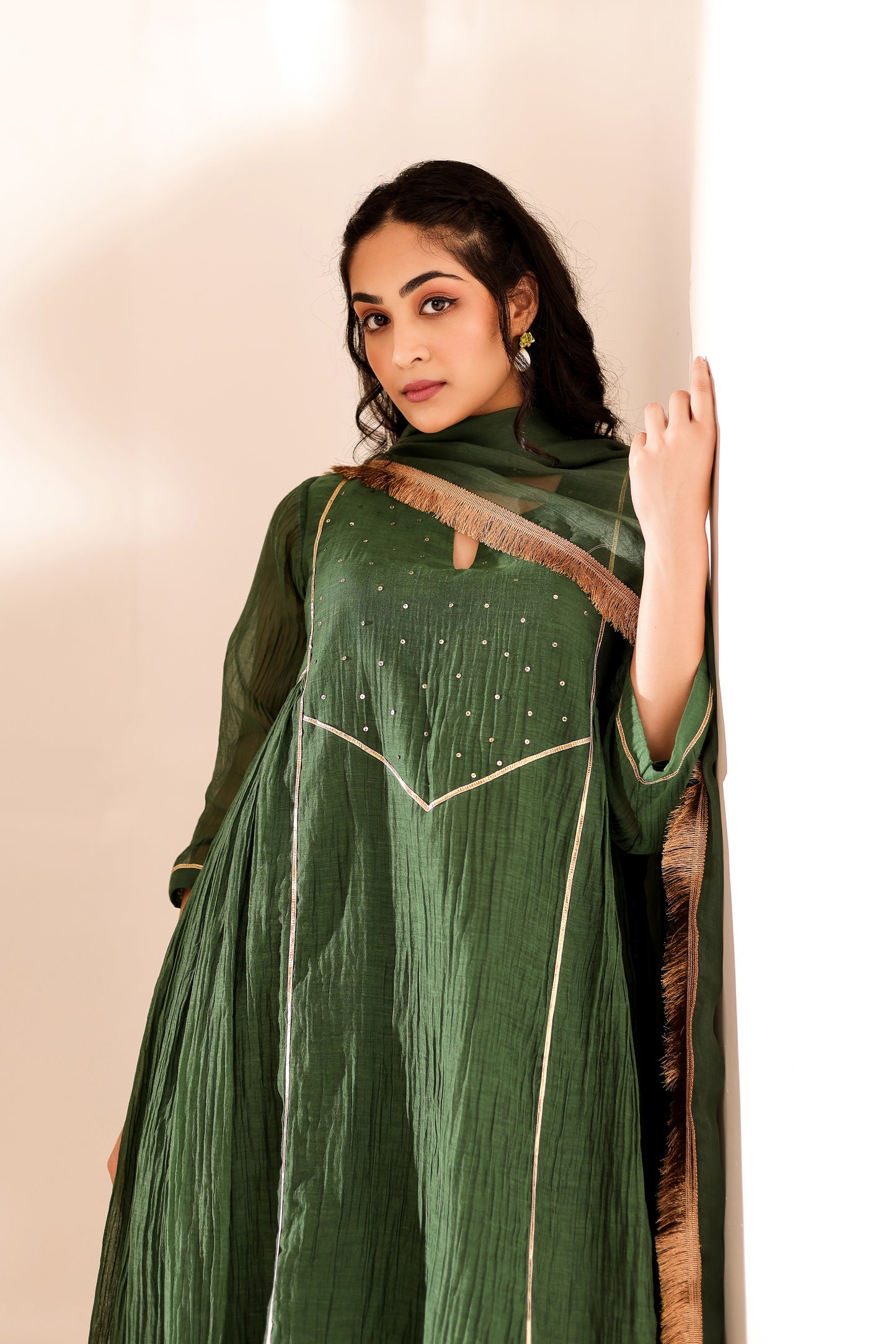 Green Mul Chanderi Anarkali Set