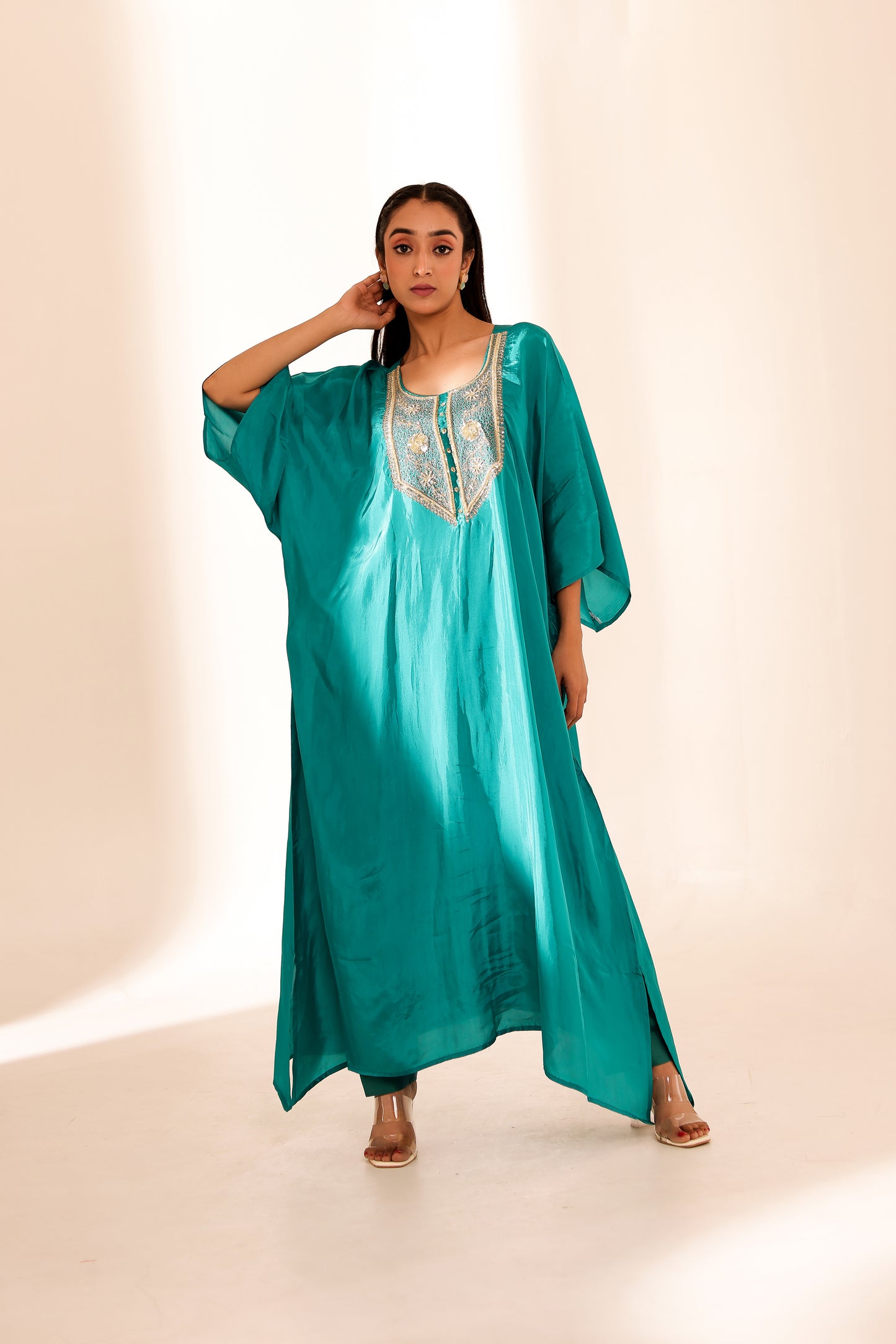 Turquoise Silk Handembroidered Kaftan Set