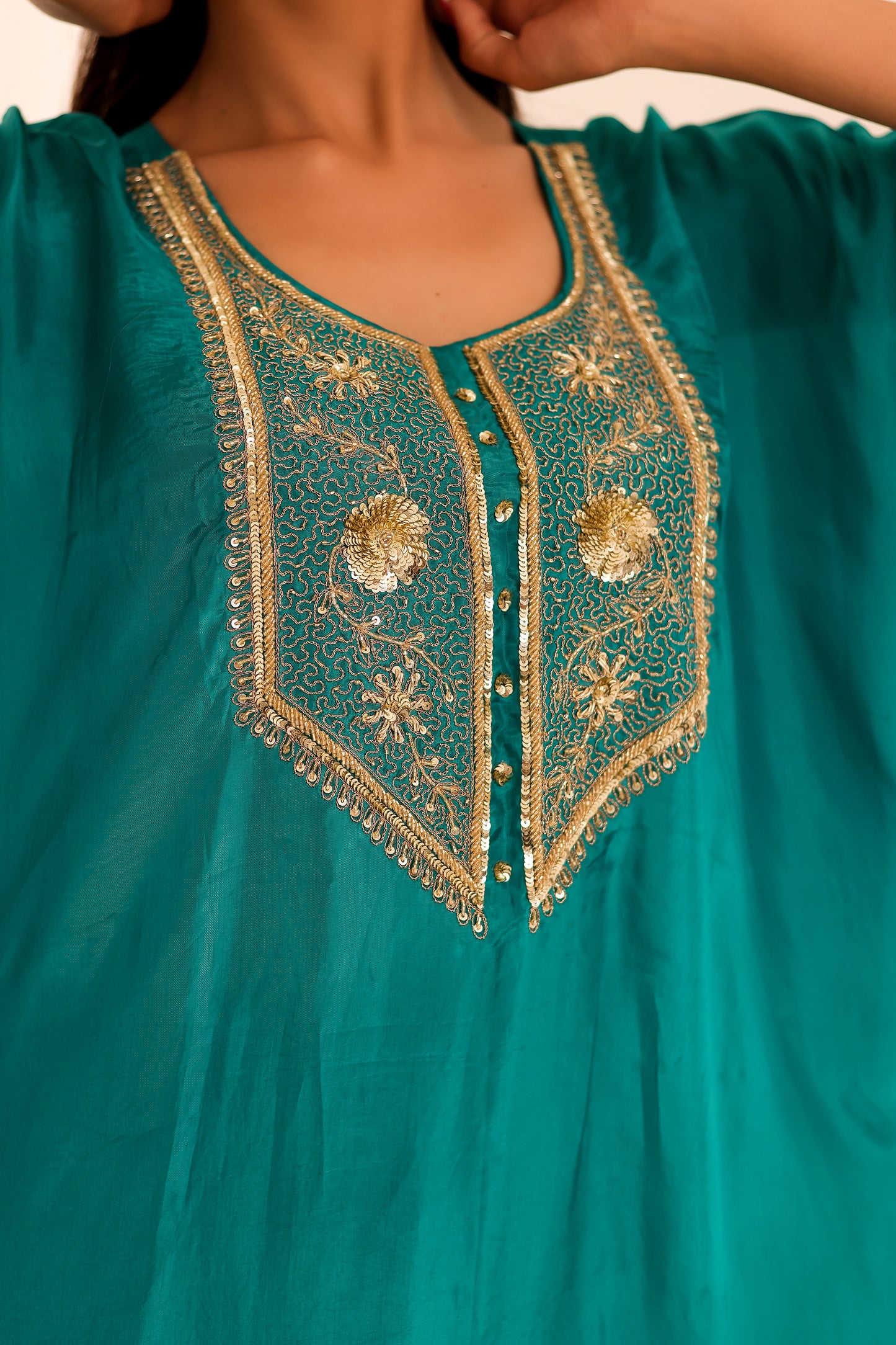 Turquoise Silk Handembroidered Kaftan Set