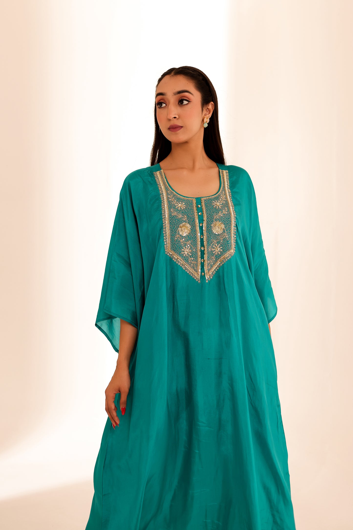 Turquoise Silk Handembroidered Kaftan Set