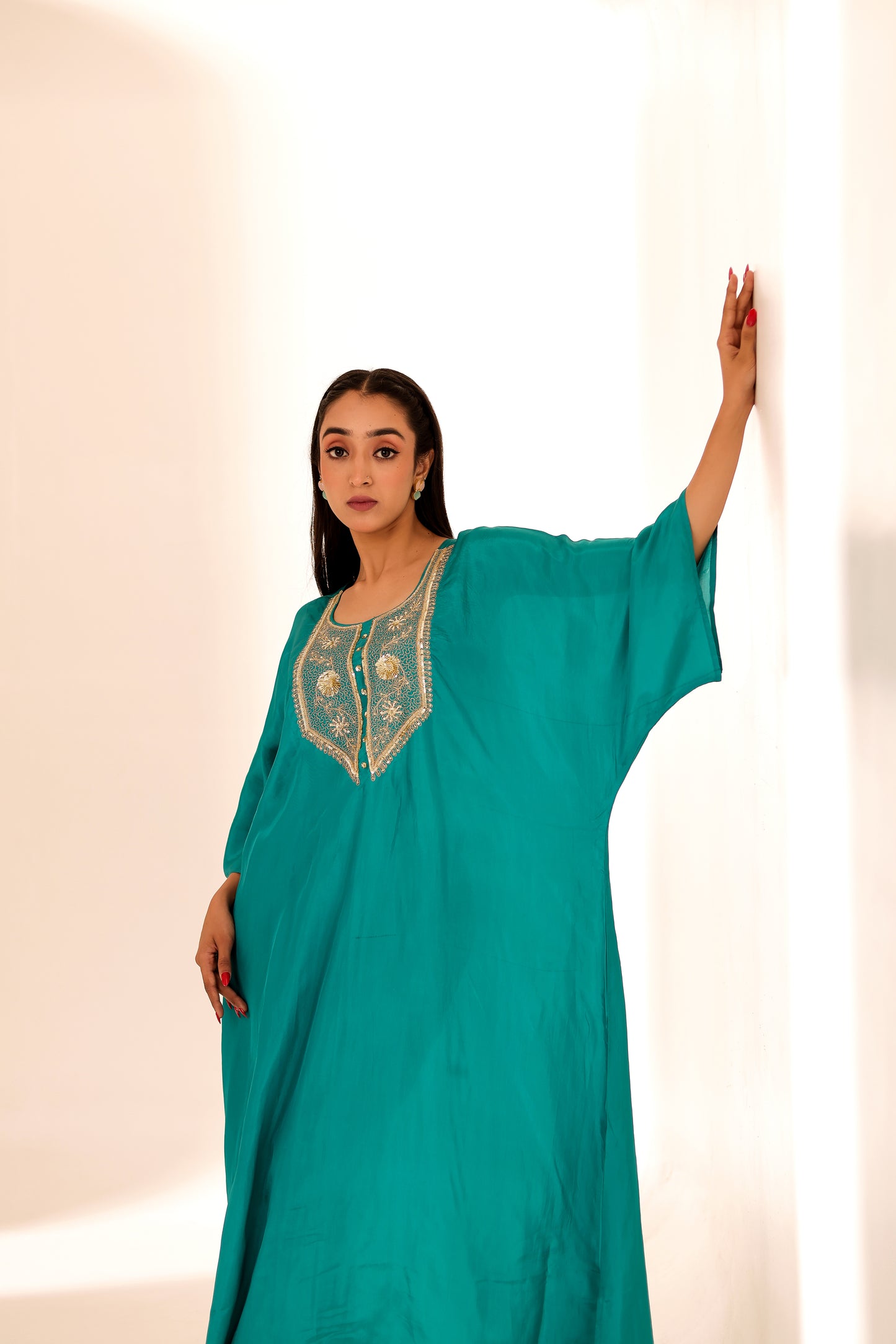 Turquoise Silk Handembroidered Kaftan Set