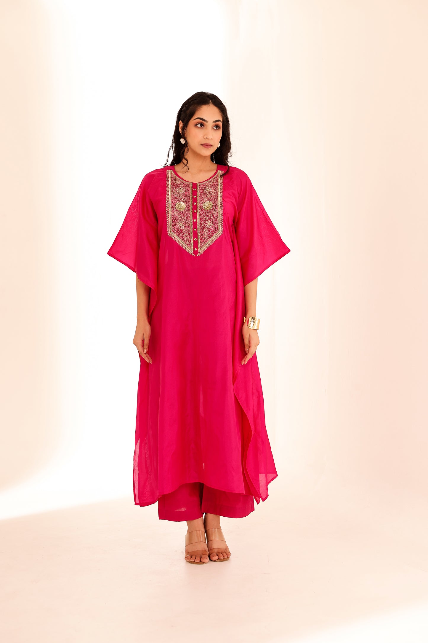 Fuchsia Silk Handembroidered Kaftan Set