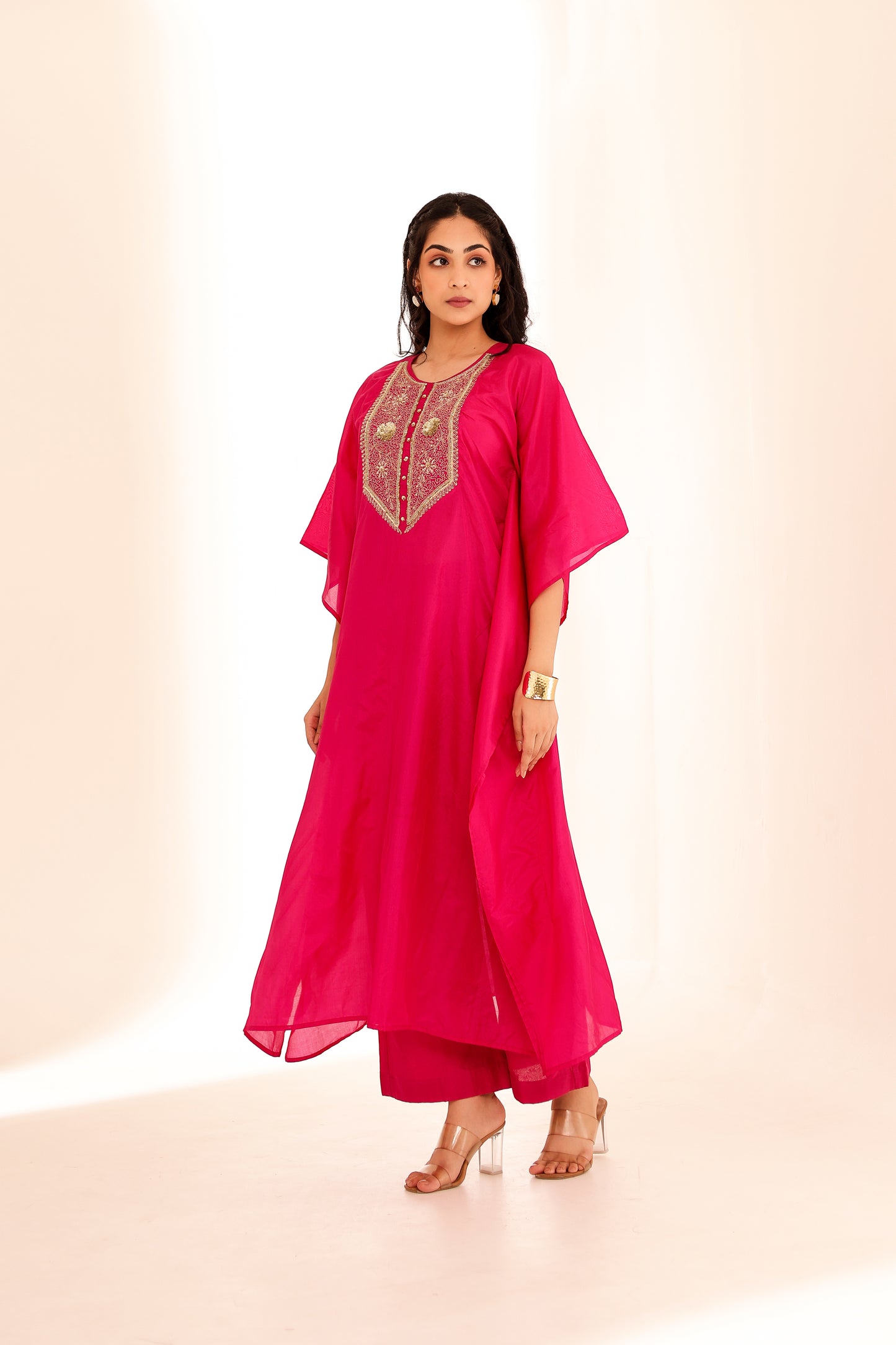 Fuchsia Silk Handembroidered Kaftan Set