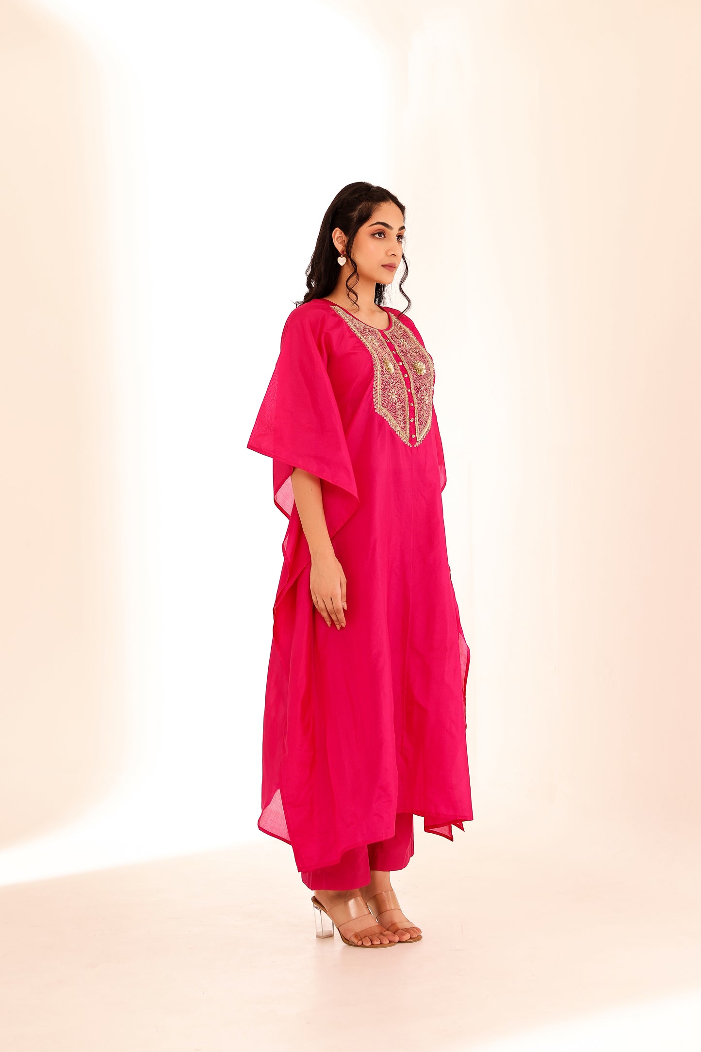 Fuchsia Silk Handembroidered Kaftan Set