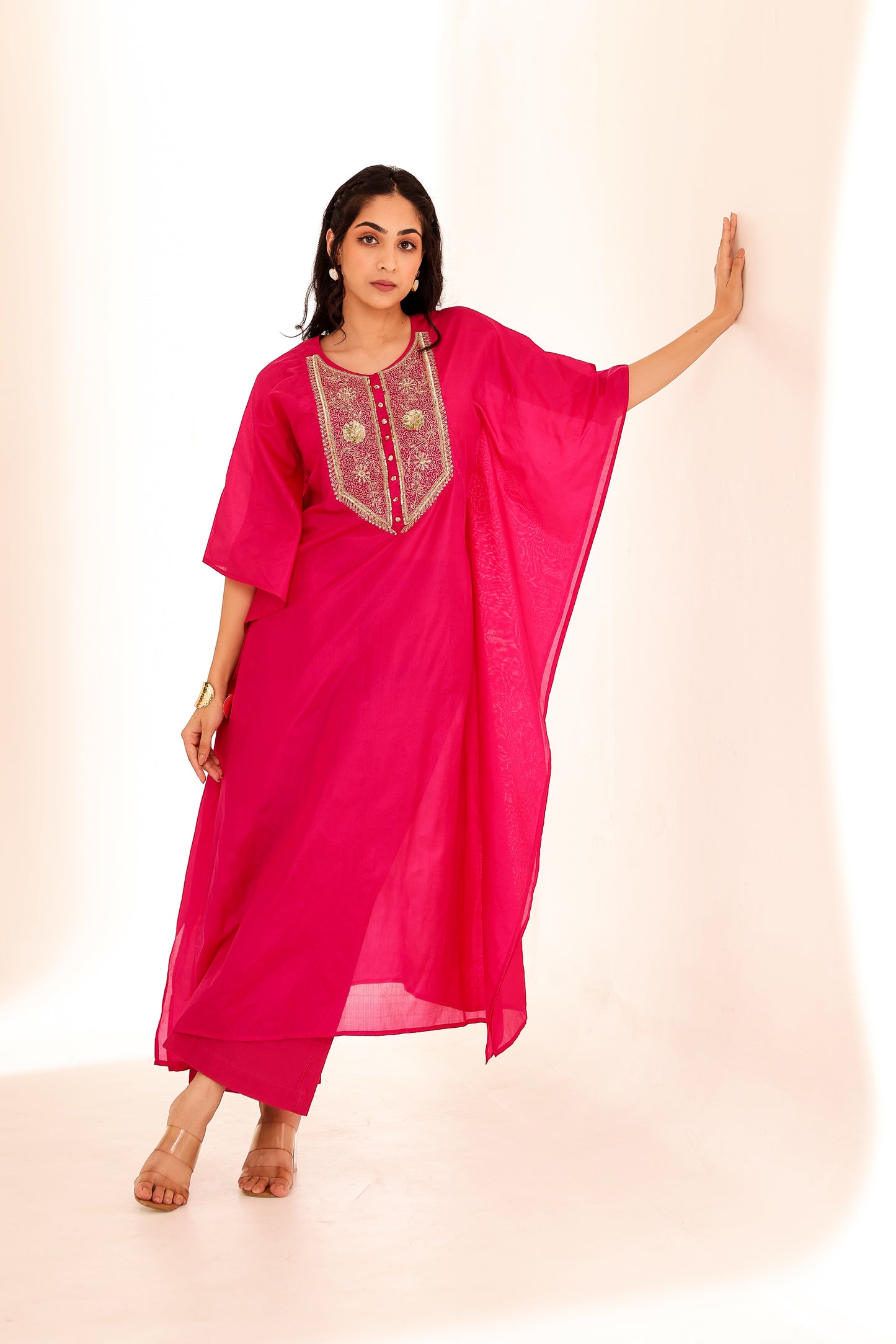 Fuchsia Silk Handembroidered Kaftan Set