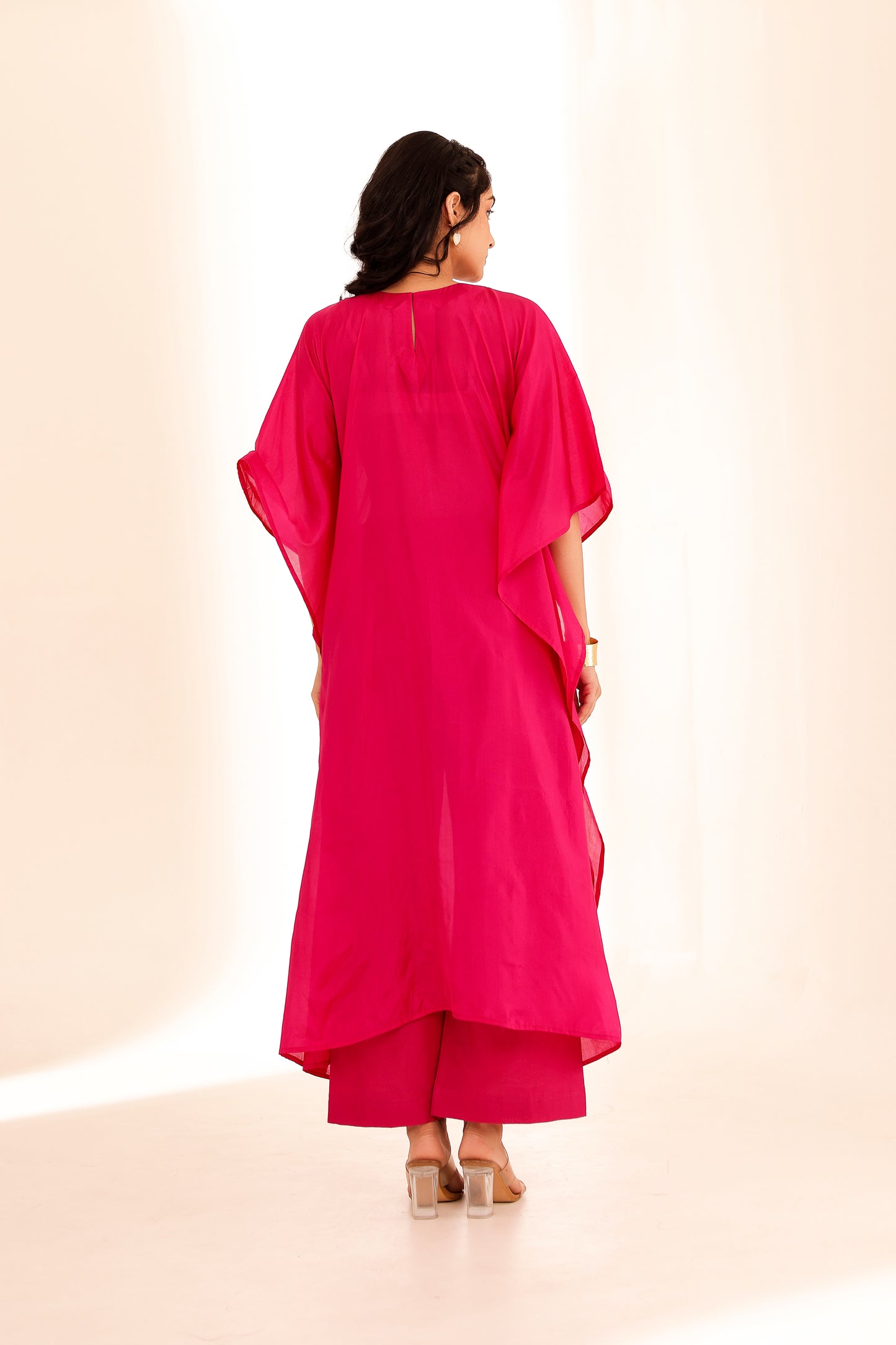 Fuchsia Silk Handembroidered Kaftan Set