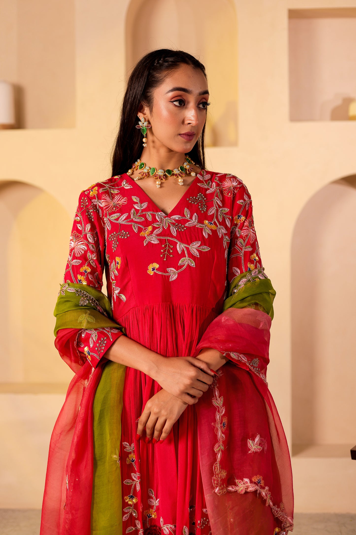 Fuchsia Chinnon Silk Handembroidered Anarkali Set