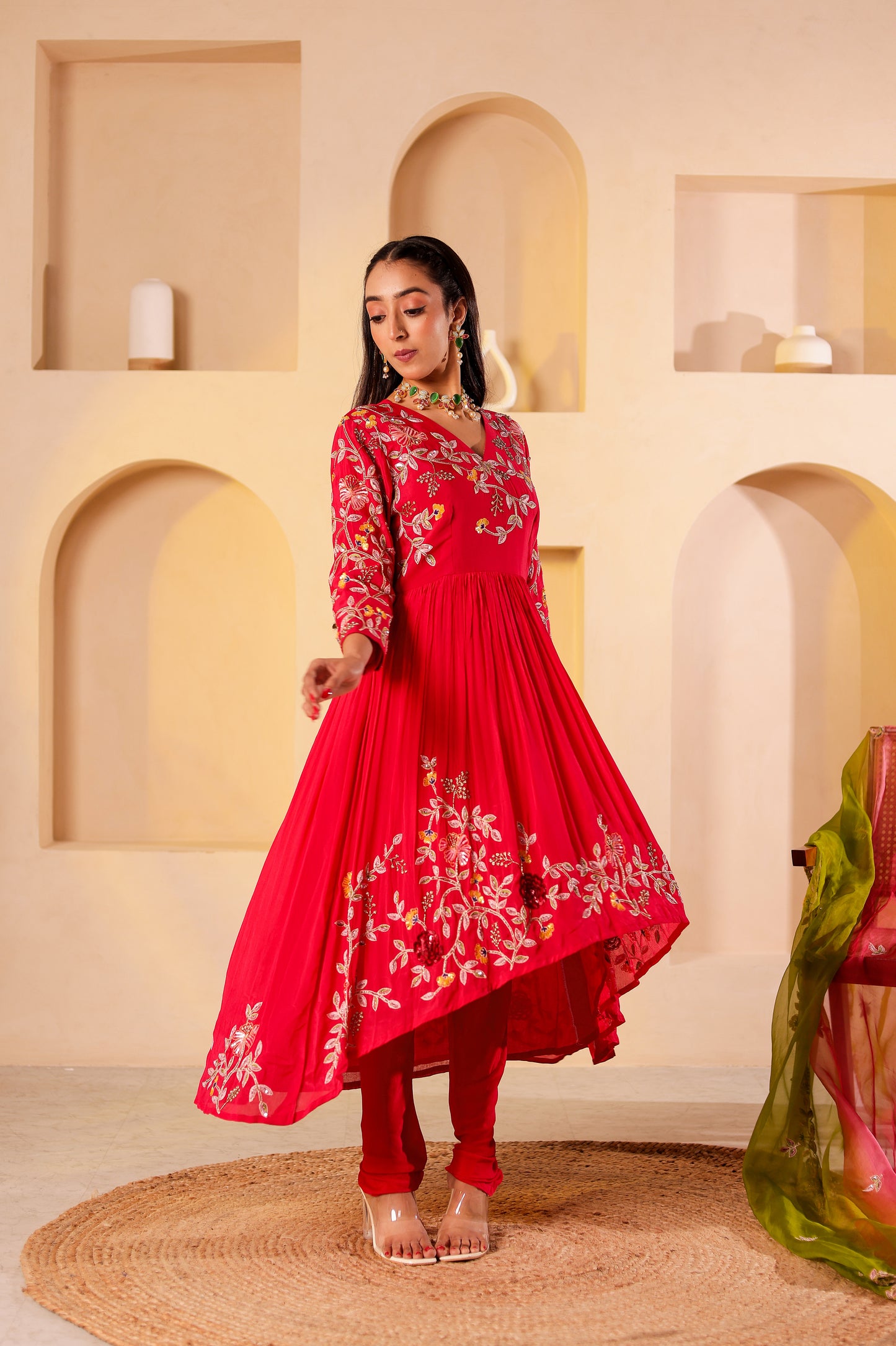 Fuchsia Chinnon Silk Handembroidered Anarkali Set
