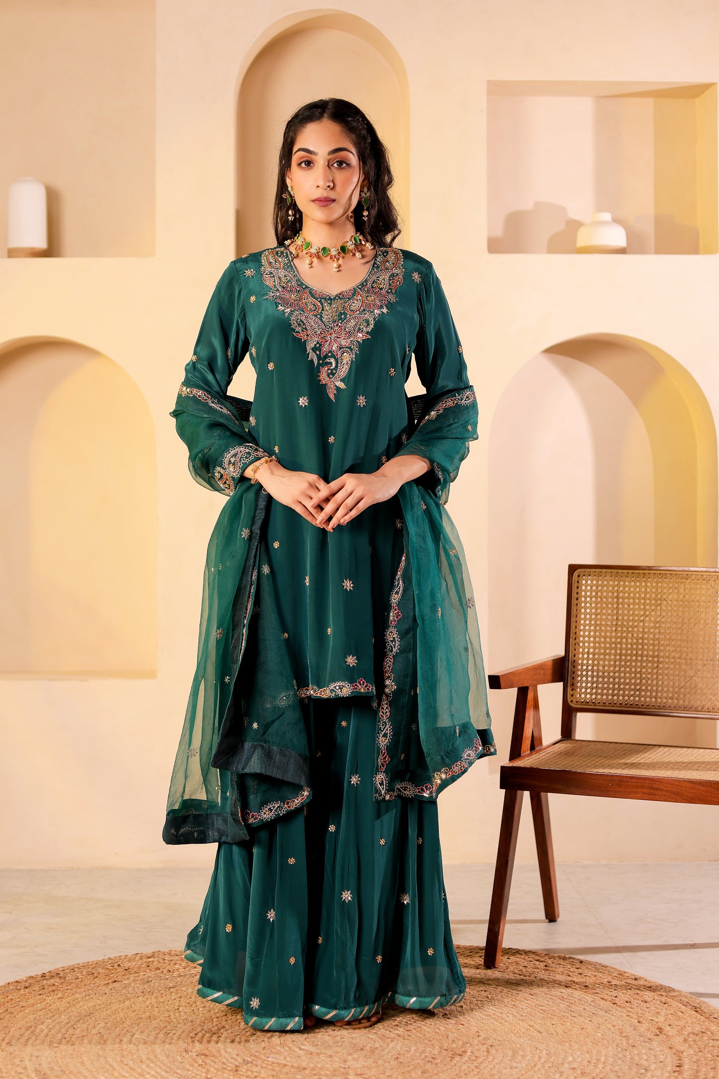 Teal Silk Handembroidered Sharara Set