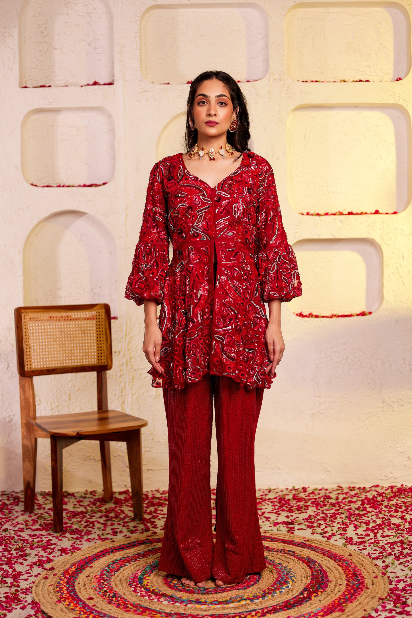 Red Organza Silk Peplum Set