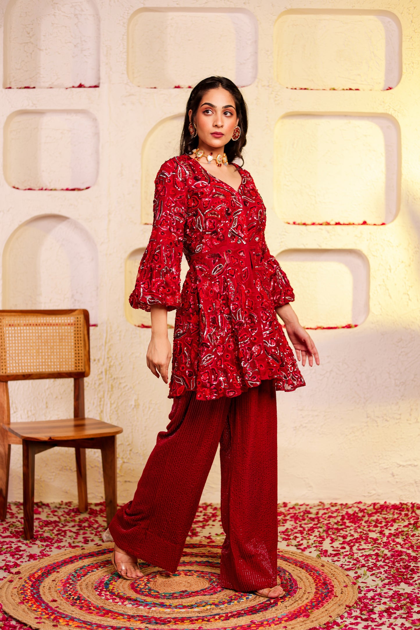 Red Organza Silk Peplum Set