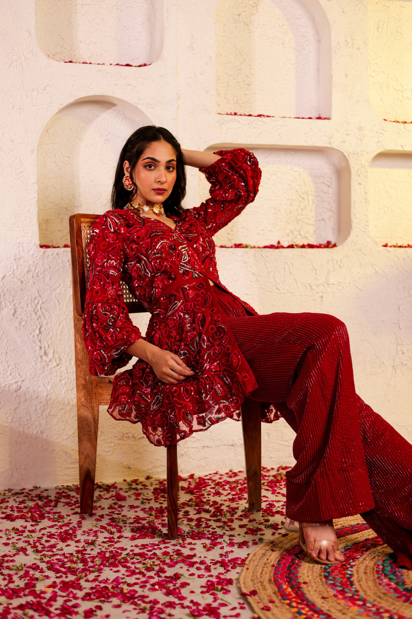 Red Organza Silk Peplum Set