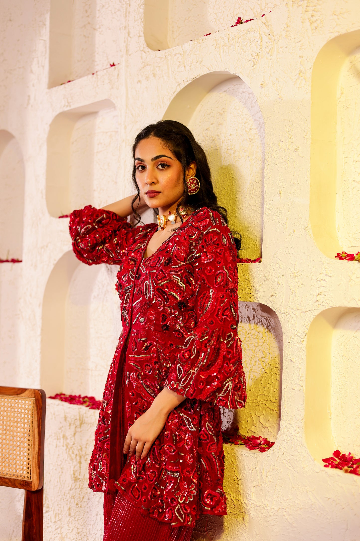 Red Organza Silk Peplum Set