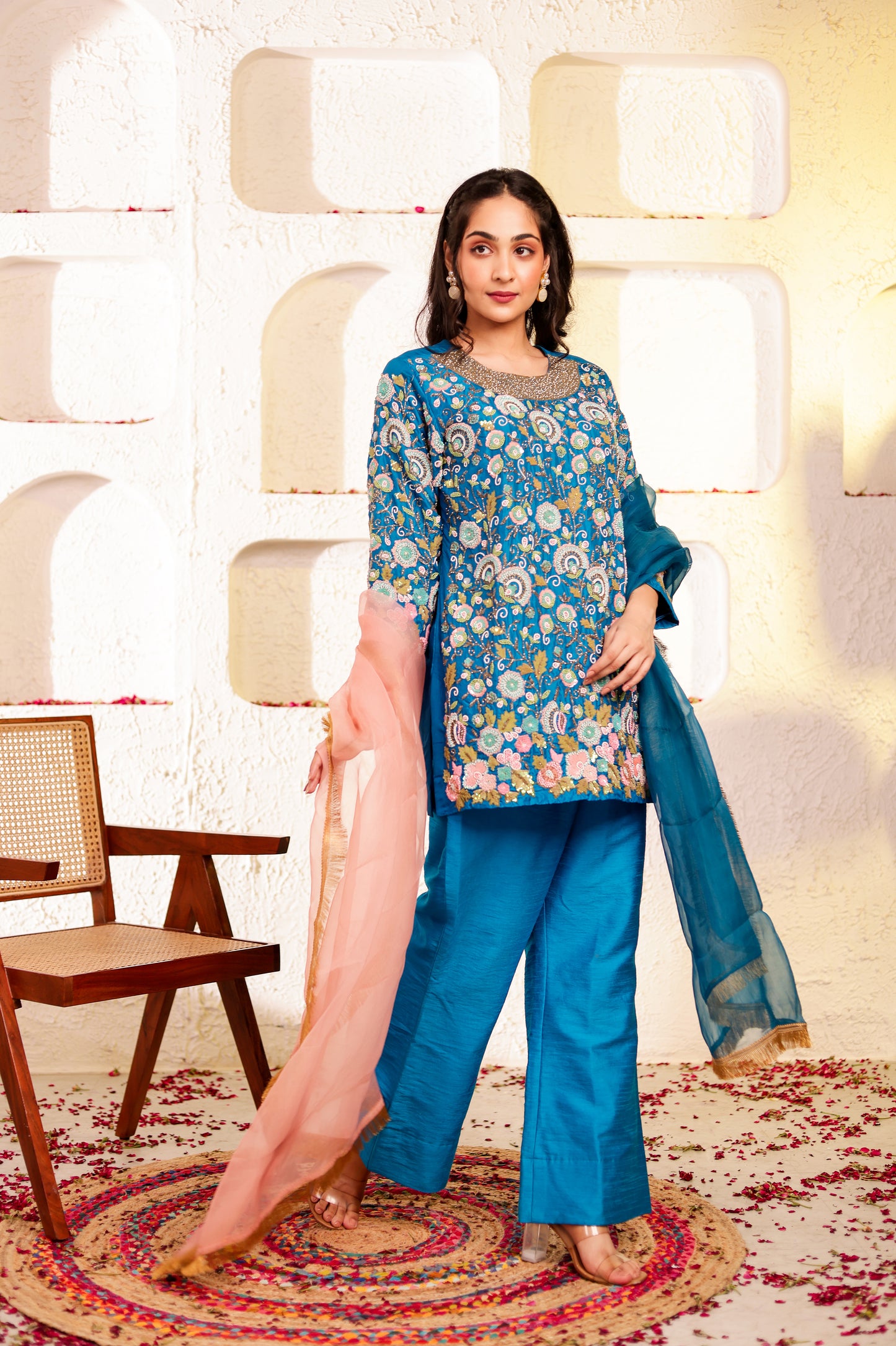 Peacock Silk Handembroidred Short Kurta and Bell Bottom Pants