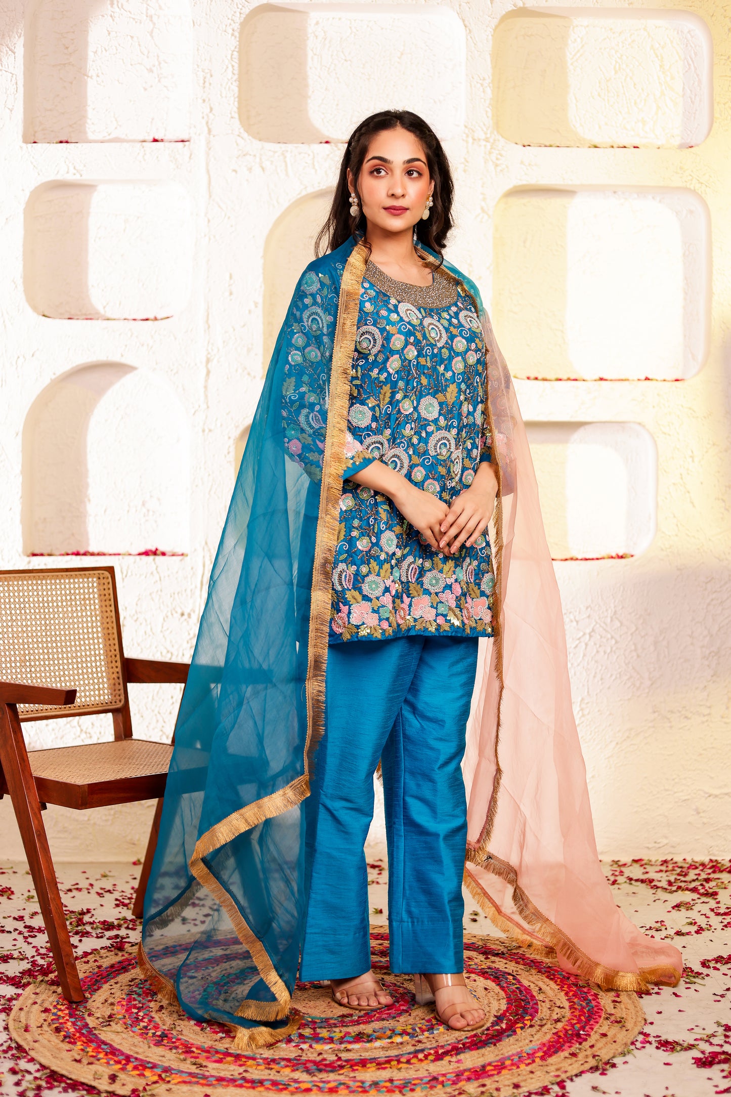Peacock Silk Handembroidred Short Kurta and Bell Bottom Pants