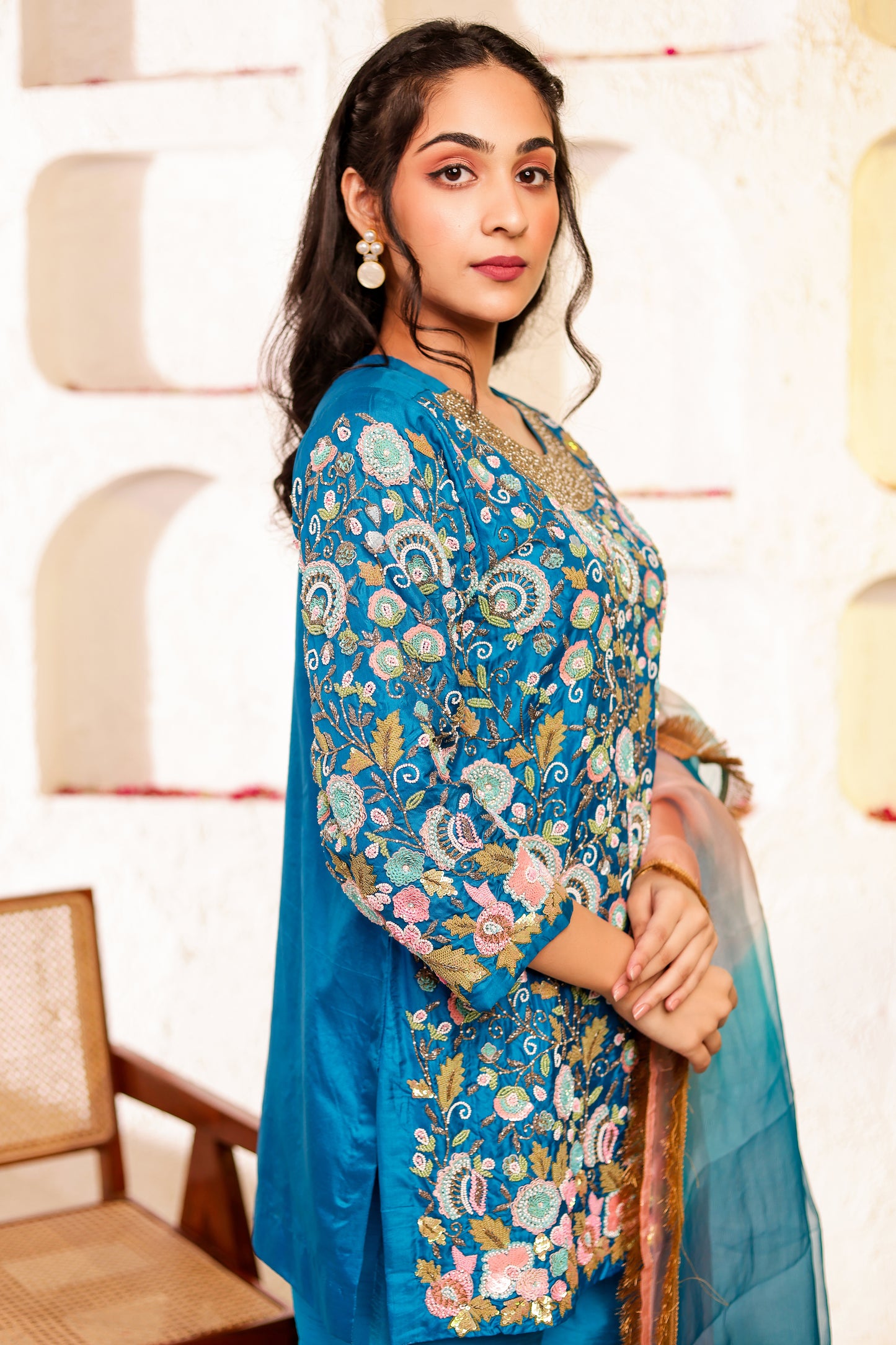 Peacock Silk Handembroidred Short Kurta and Bell Bottom Pants
