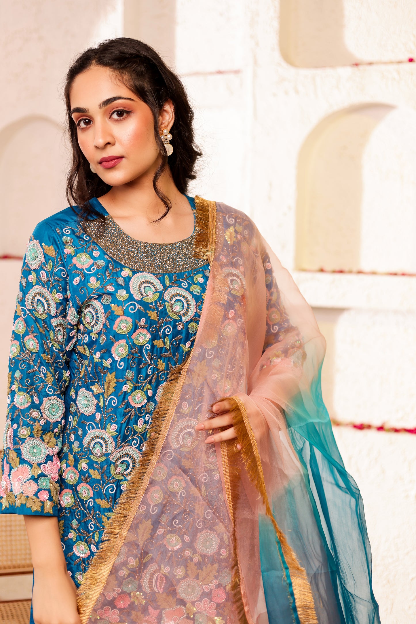 Peacock Silk Handembroidred Short Kurta and Bell Bottom Pants