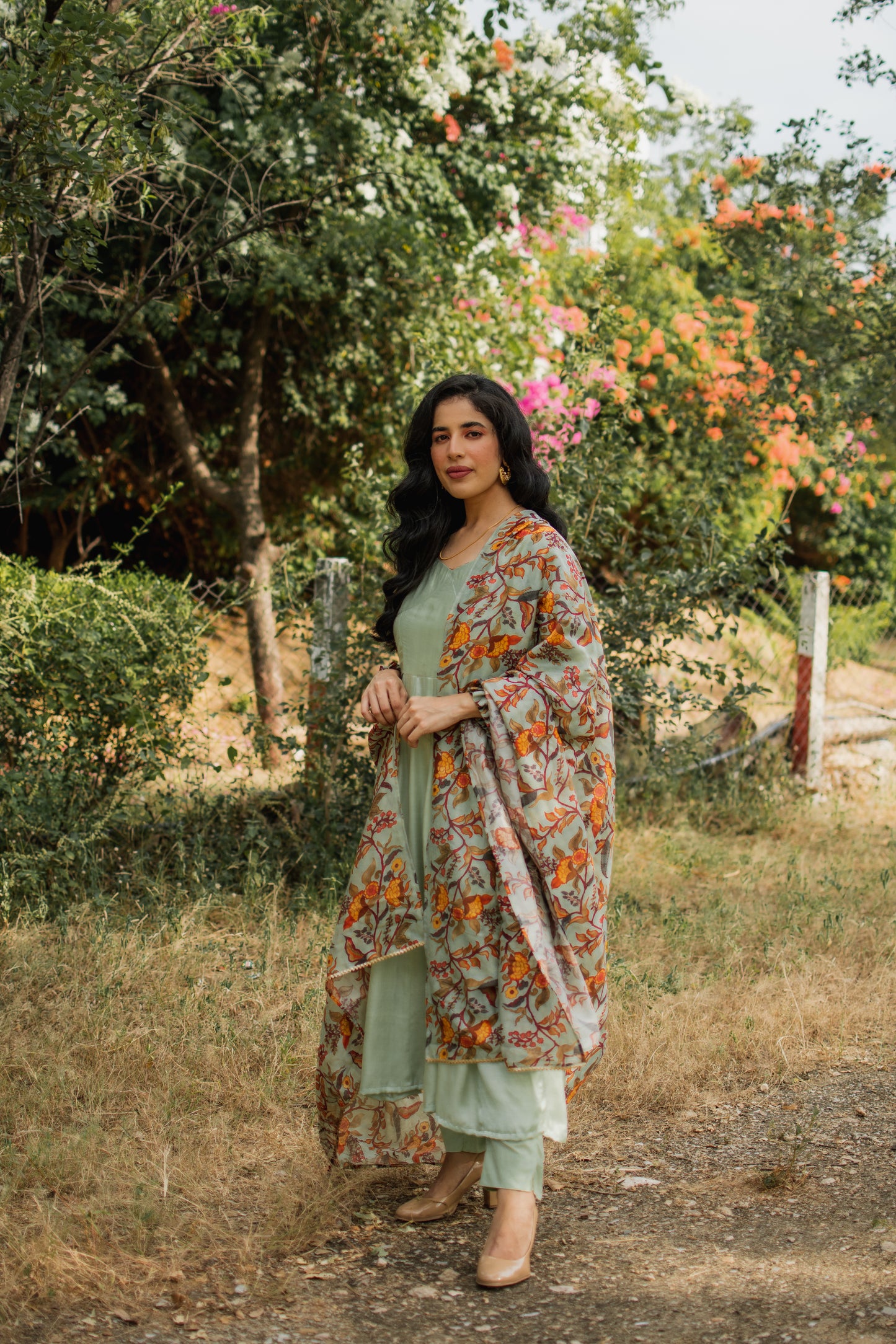 Pista Green Crepe Satin Anarkali Set