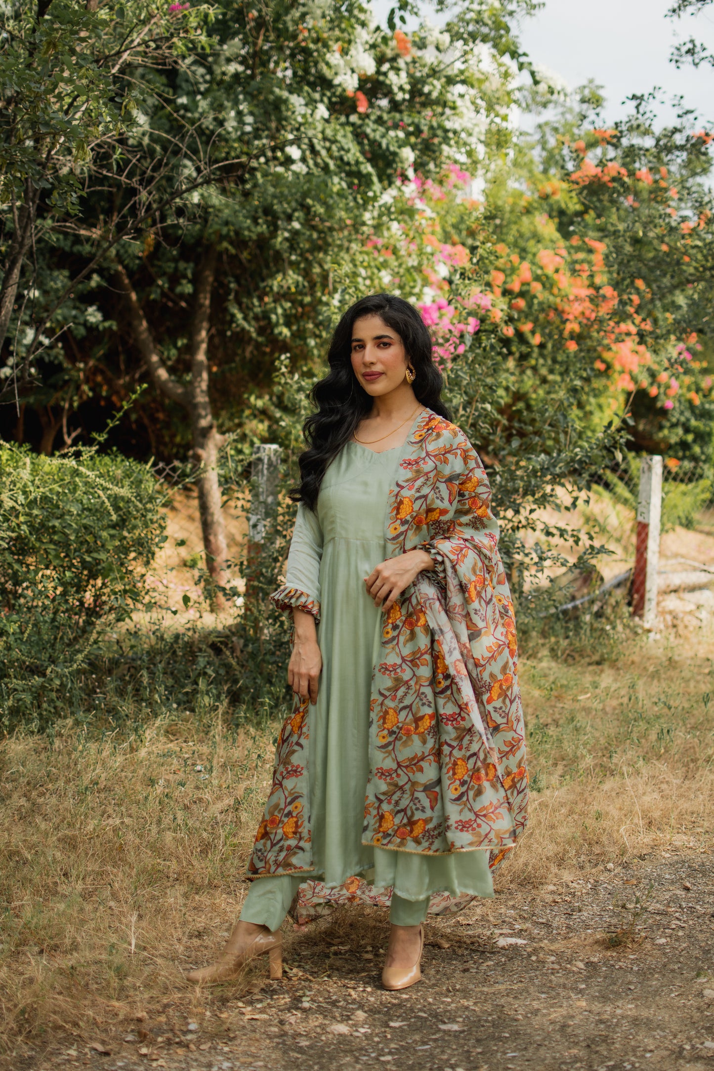 Pista Green Crepe Satin Anarkali Set