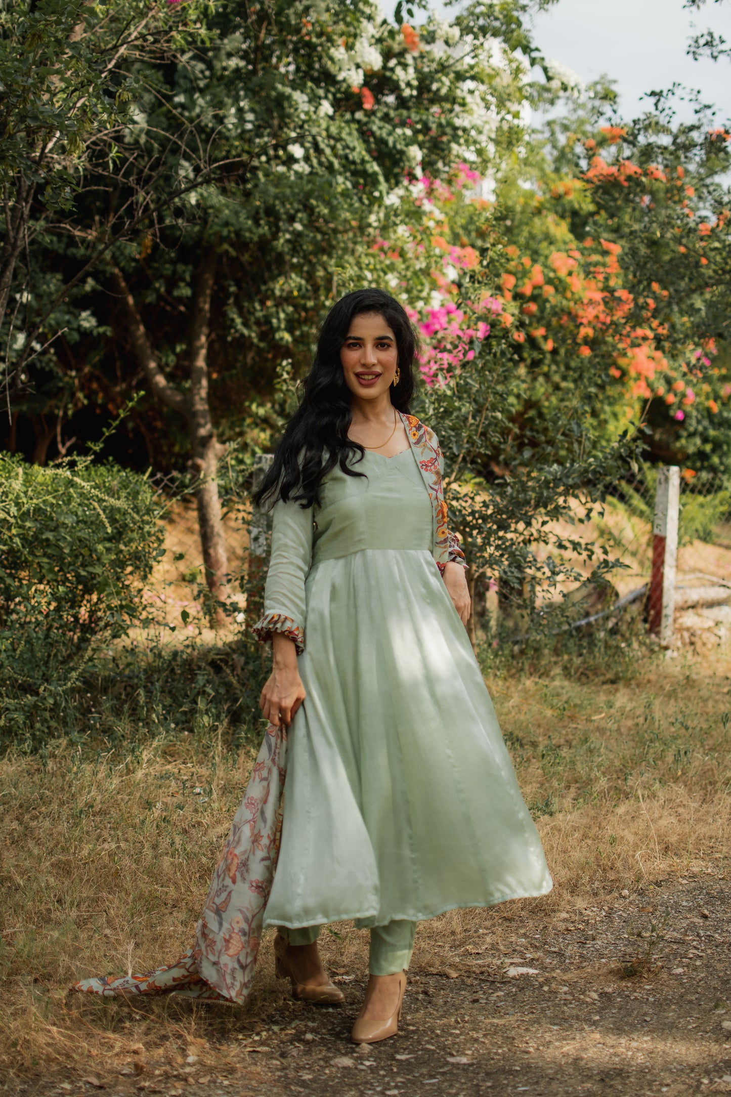 Pista Green Crepe Satin Anarkali Set