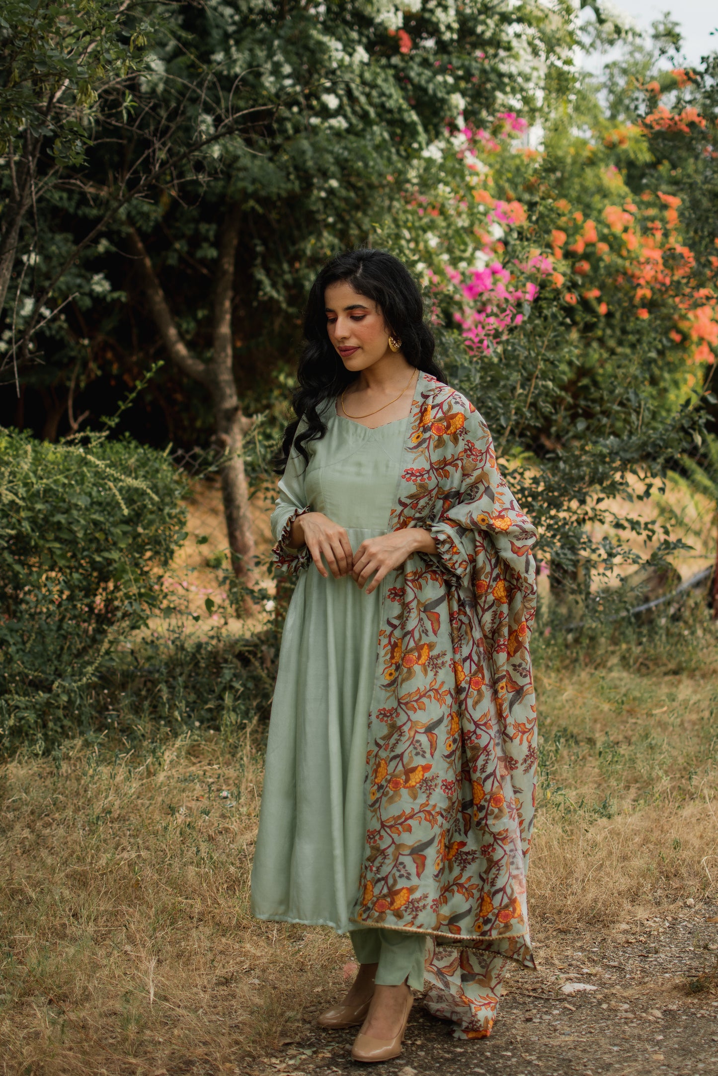 Pista Green Crepe Satin Anarkali Set